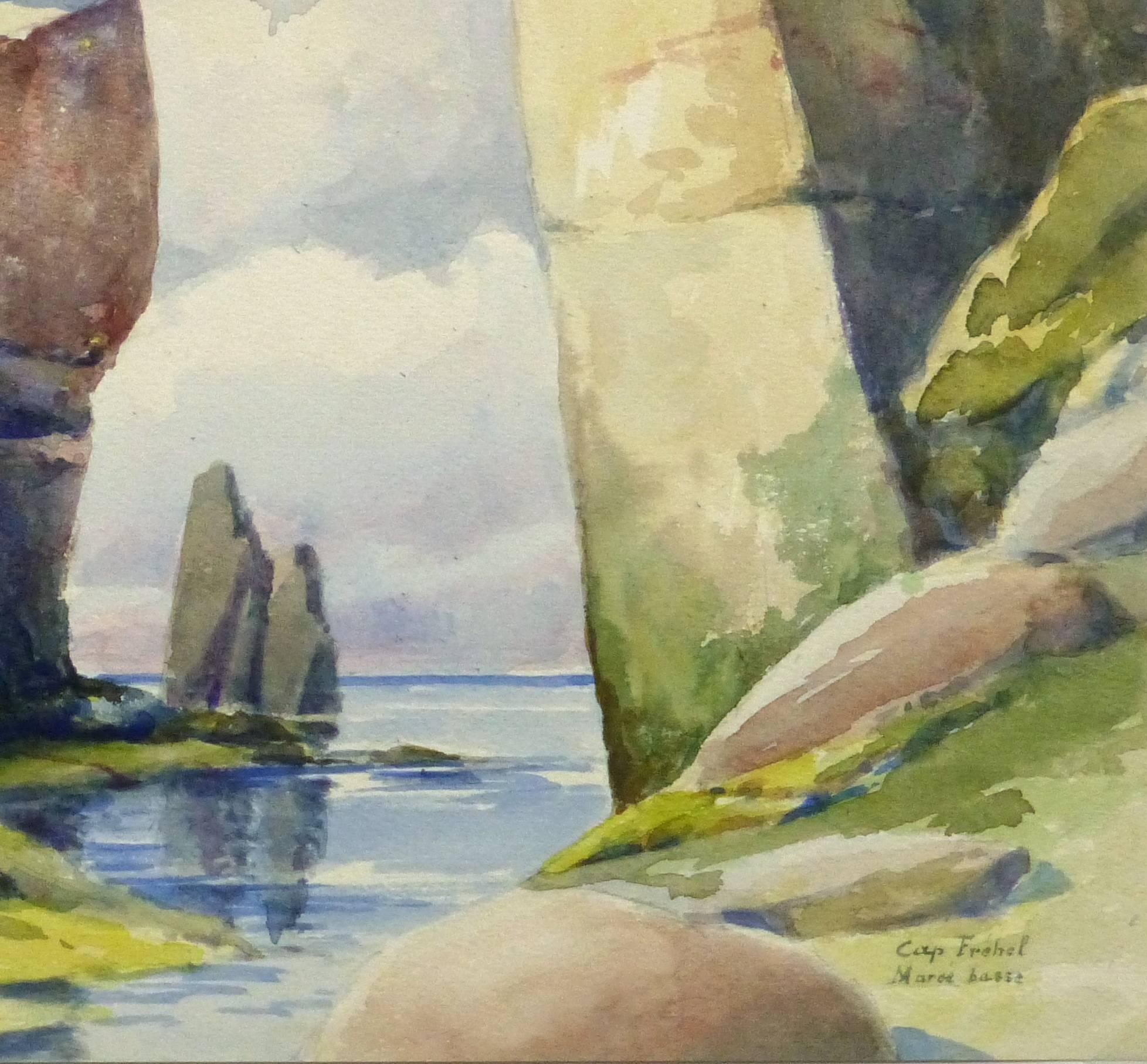 Französische Aquarell-Seelandschaft im französischen Cape Frhel, Bretagne, Frankreich – Art von Unknown