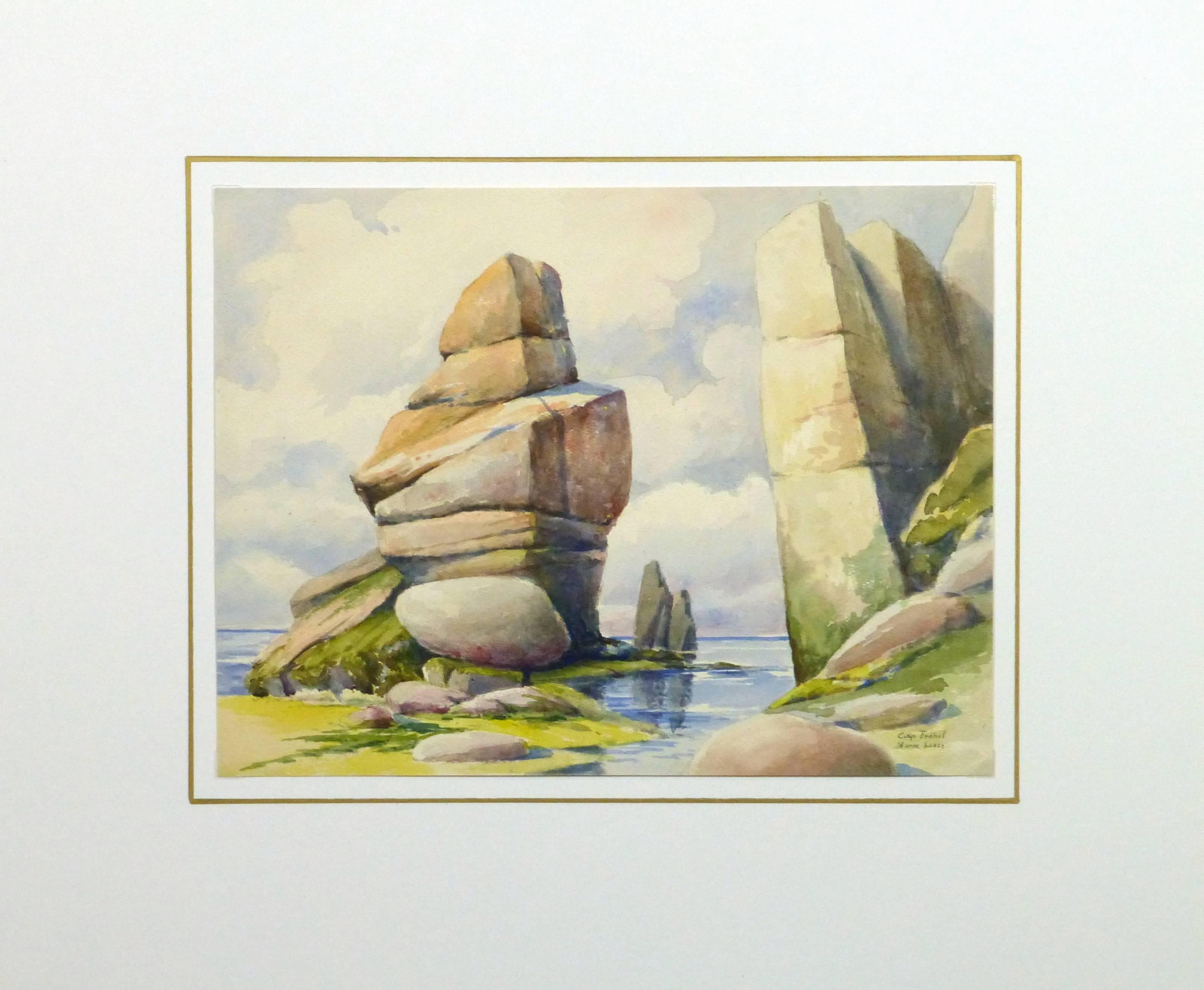 Faszinierendes Aquarell der hoch aufragenden Felsformationen am Kap Fréhel in der Bretagne, Frankreich, von S. Lefevre Goux, um 1920. Das Kap Fréhel, eine Halbinsel in der Côtes-d'Armor im Norden der Bretagne, wird von imposanten Klippen beherrscht