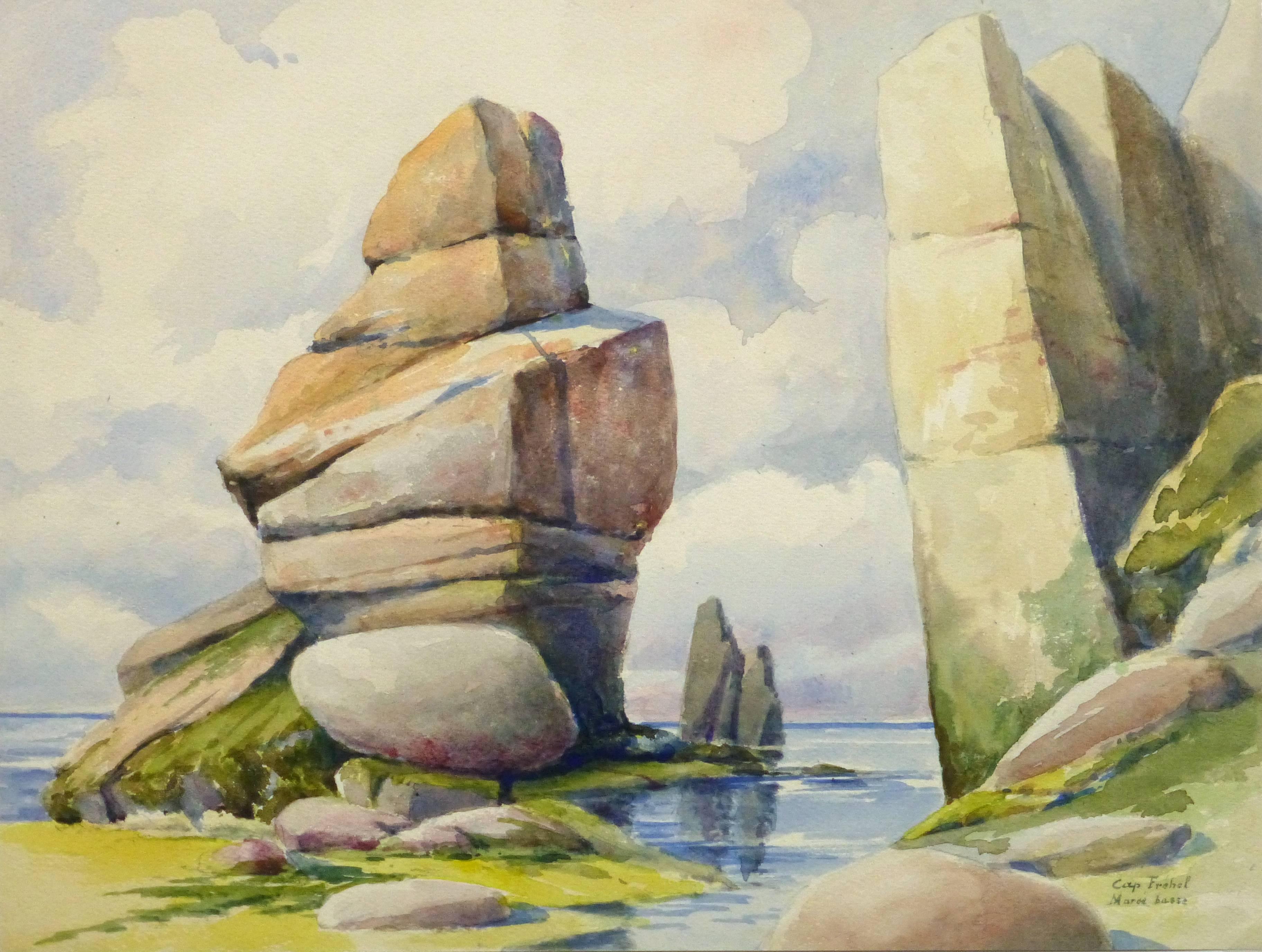 Unknown Landscape Art – Französische Aquarell-Seelandschaft im französischen Cape Frhel, Bretagne, Frankreich