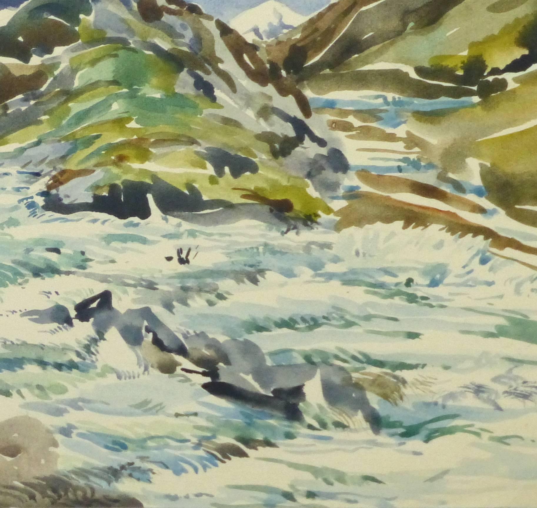 Vintage Watercolor Landscape - Center of the Peaks - Gray Landscape Art by Unknown