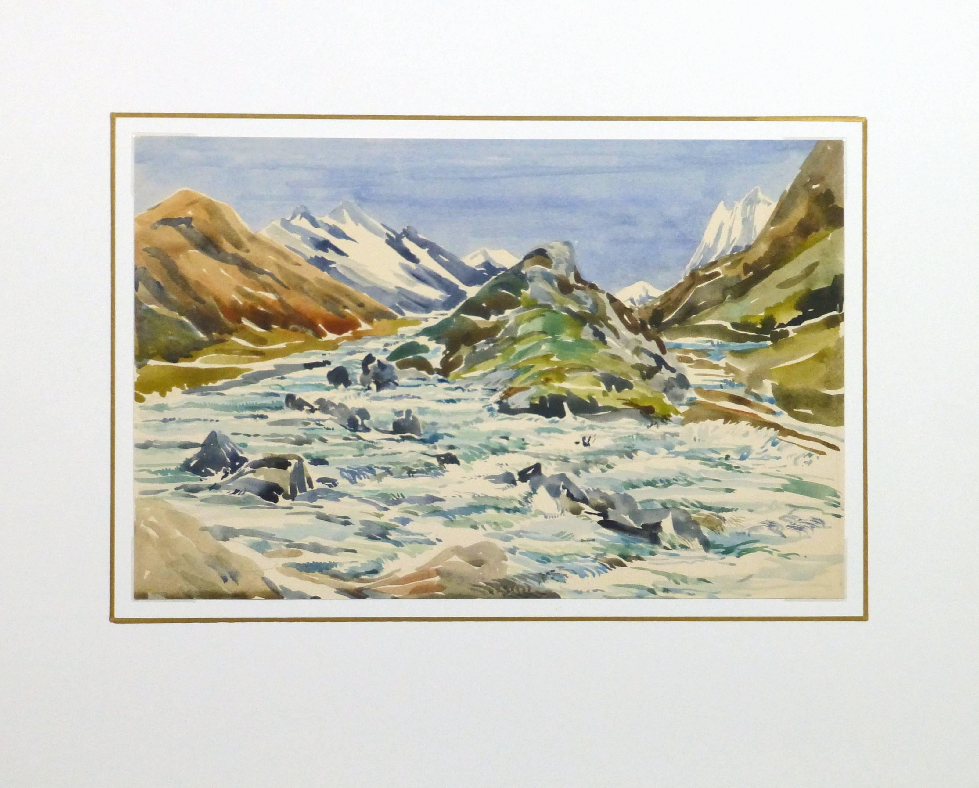 Soothing watercolor of a small grassy area encircled by jagged mountain peaks by A. Siegris, circa 1950.

Original artwork on paper displayed on a white mat with a gold border. Mat fits a standard-size frame. Archival plastic sleeve and Certificate