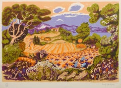 Vintage Stone Lithograph - Grape Harvest in a Colorful Vineyard