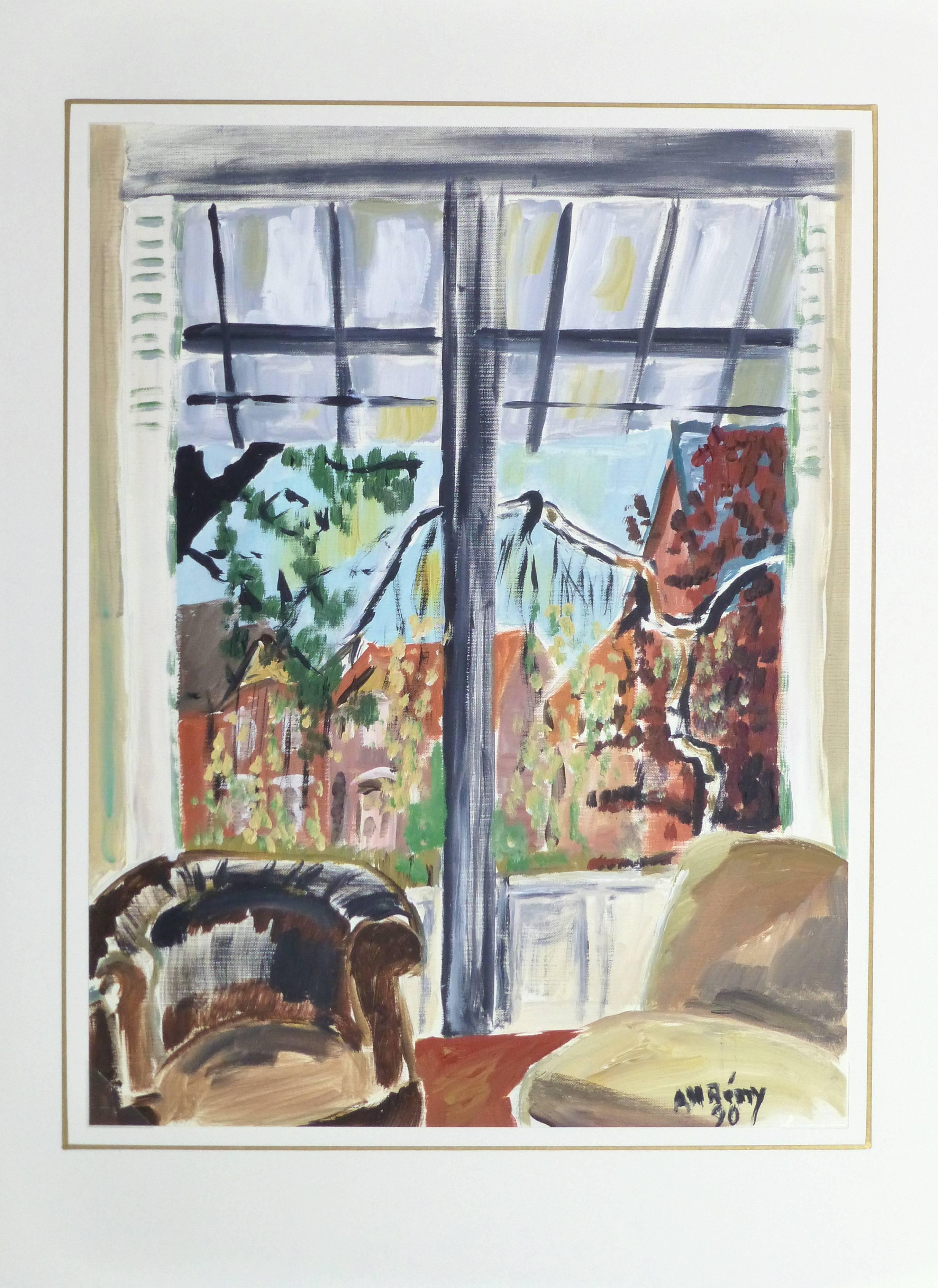 Bright and airy acrylic painting of the peaceful view of the outdoors from a cozy veranda by French artist A.M. Rémy, 1970. Signed and dated lower right.

Original artwork on paper displayed on a white mat with a gold border. Mat fits a