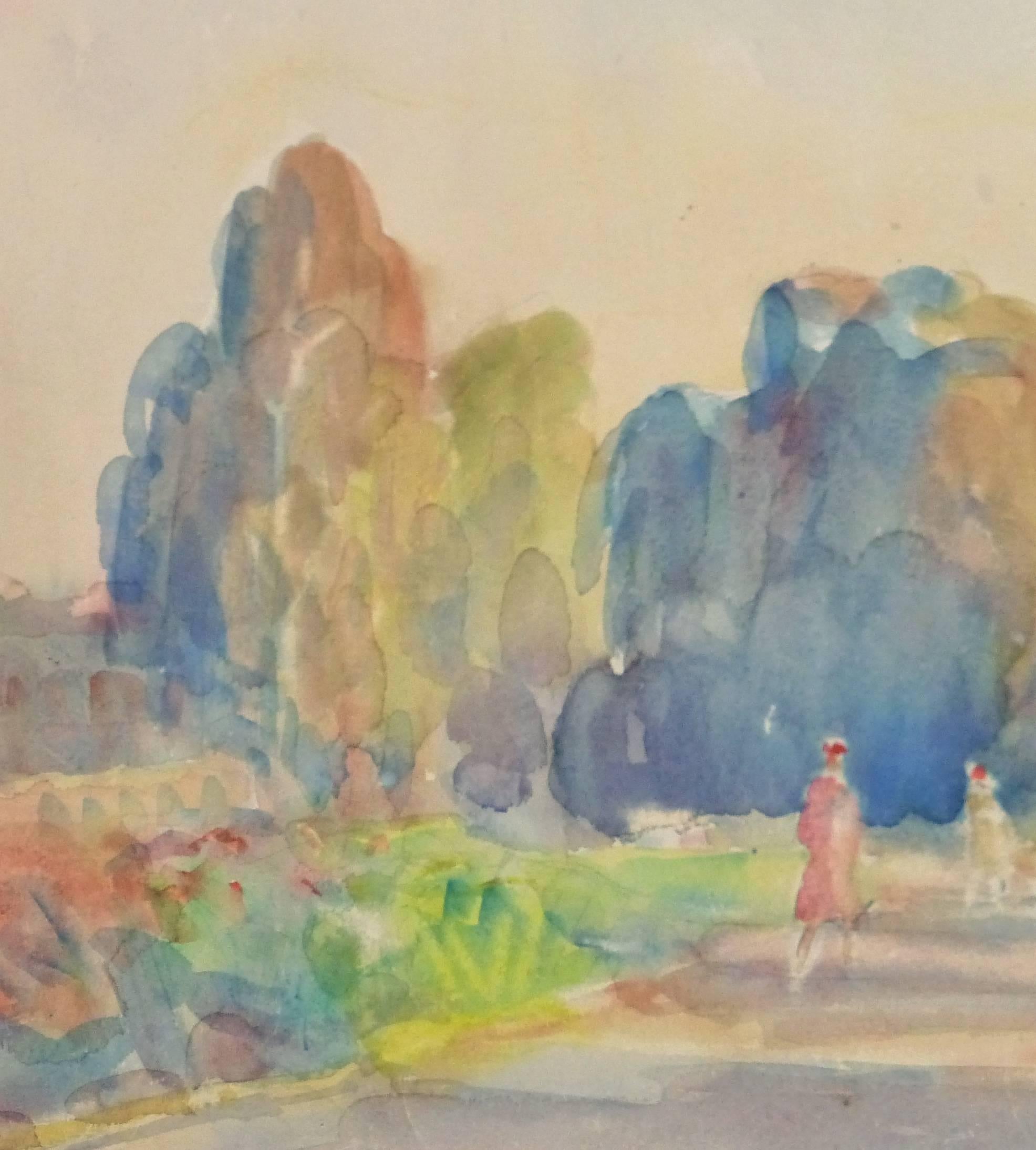 Vintage Watercolor Landscape - Pastel-Toned Walk in the Park at Dusk - Art by Alfred Rössler