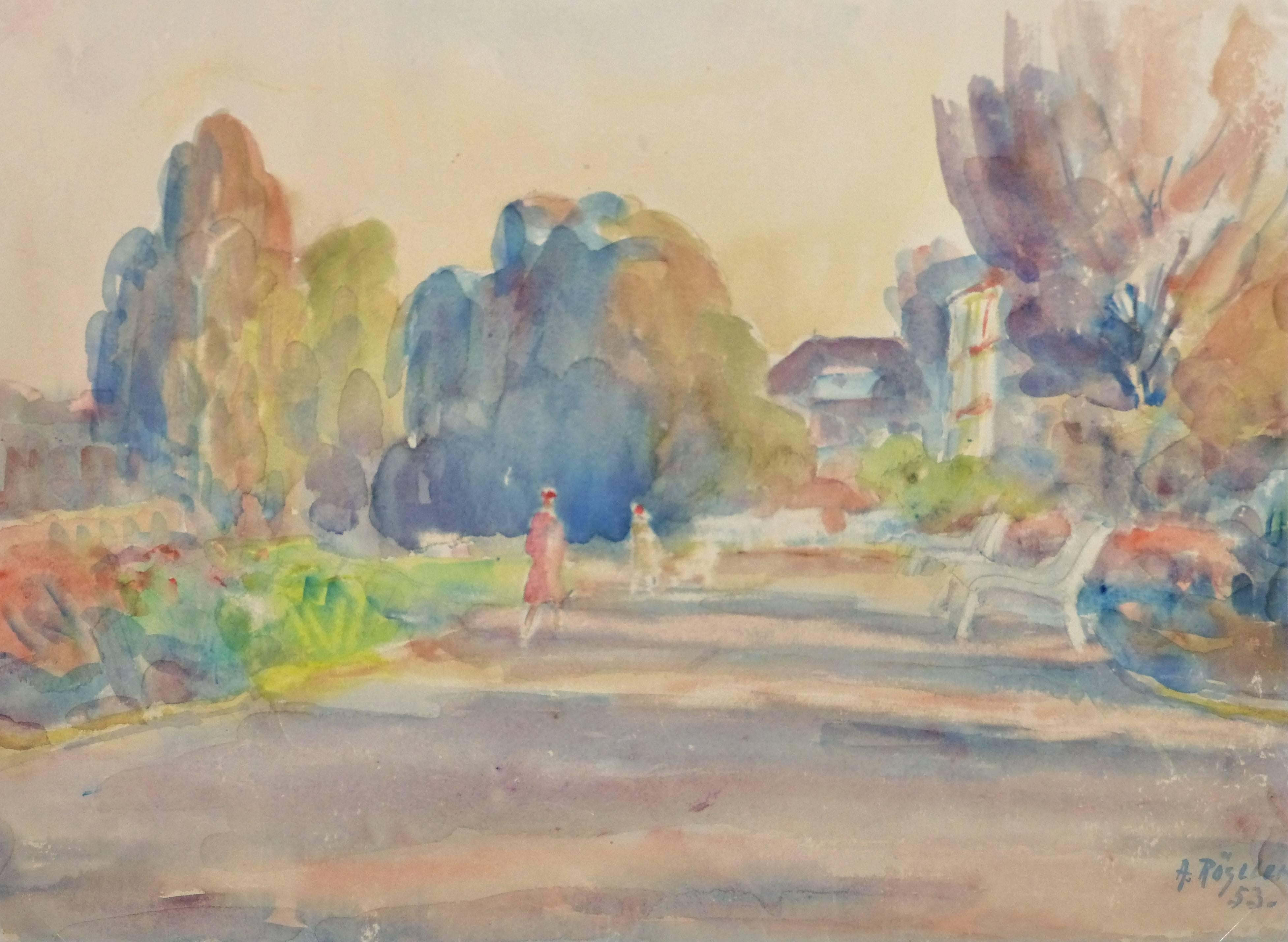 Alfred Rössler Landscape Art - Vintage Watercolor Landscape - Pastel-Toned Walk in the Park at Dusk