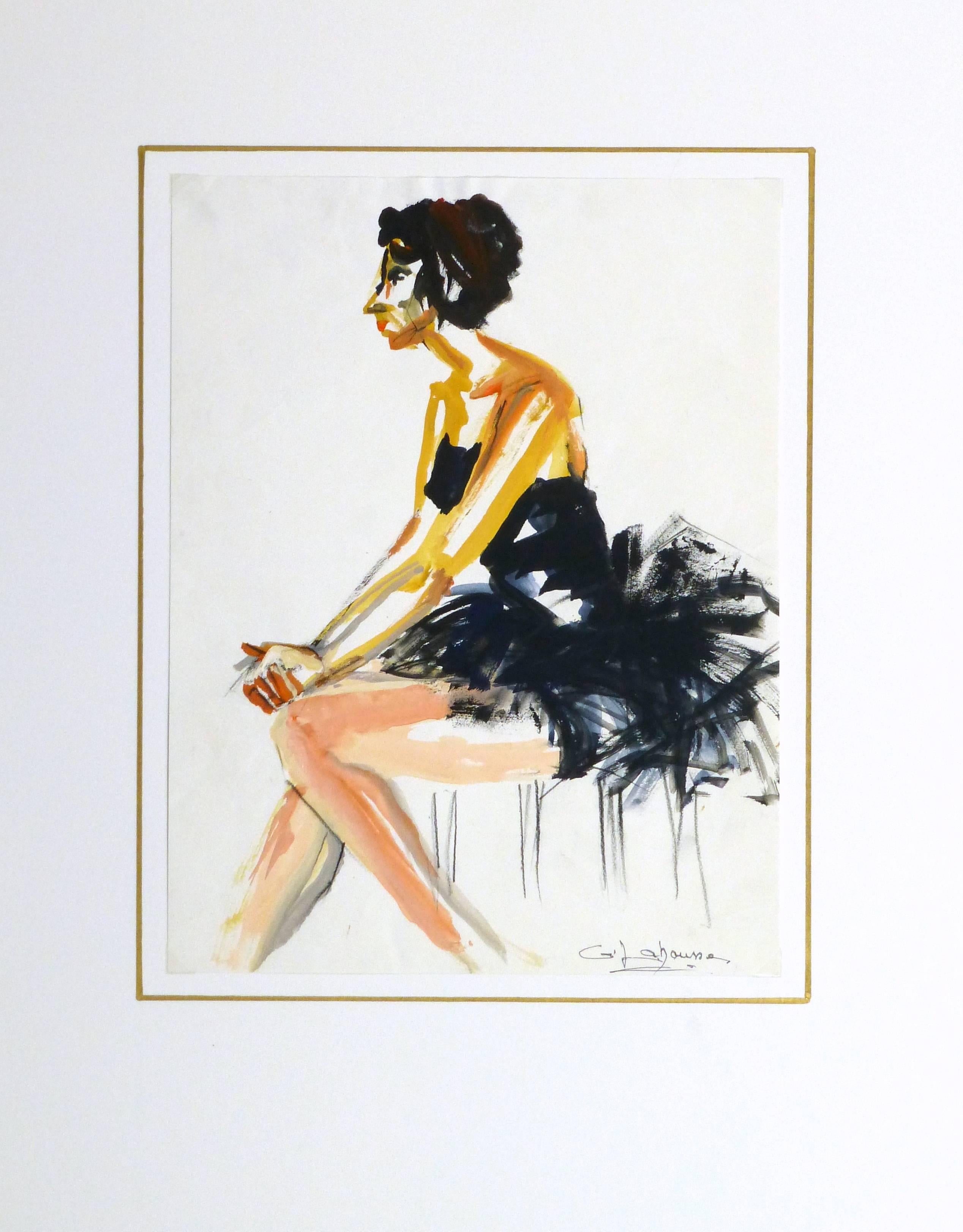 Vintage gouache painting of a dark haired ballerina seated in a black costume by French artist G. Lahousse, circa 1960. Signed lower right.

Original artwork on paper displayed on a white mat with a gold border. Mat fits a standard-size frame.