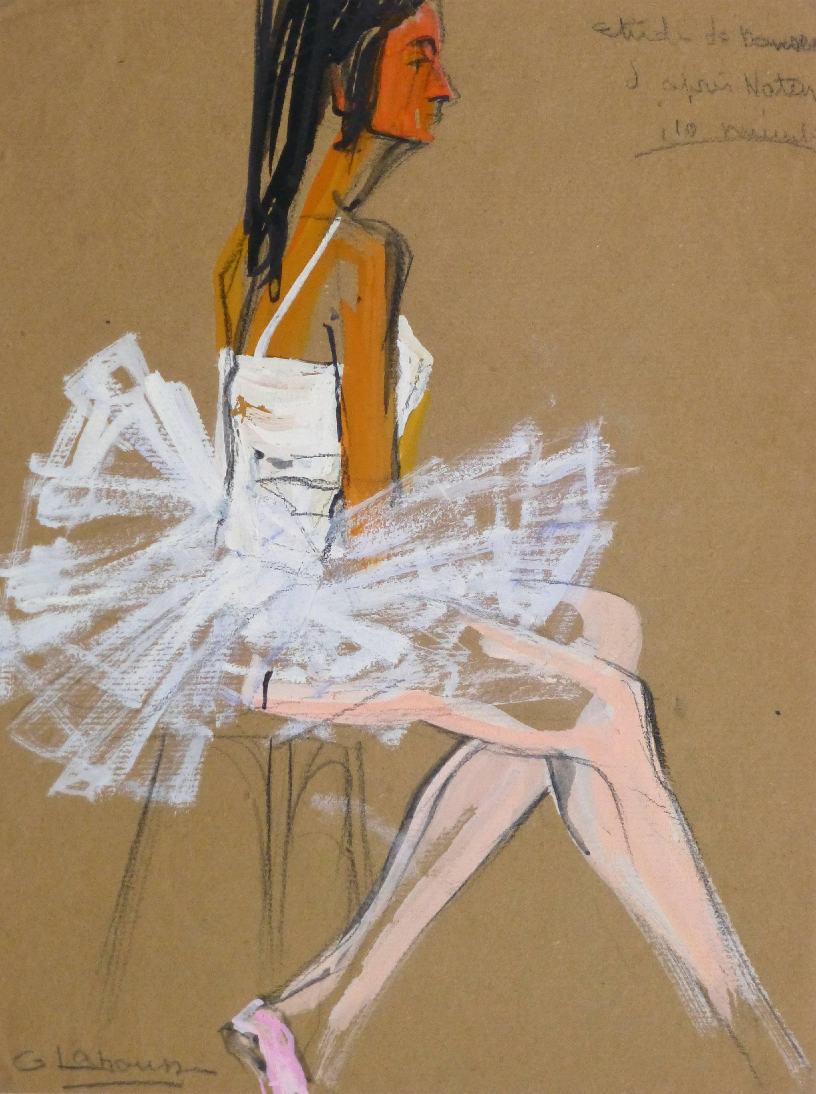 G. Lahousse Figurative Painting - Vintage French Gouache - Ballerina in White