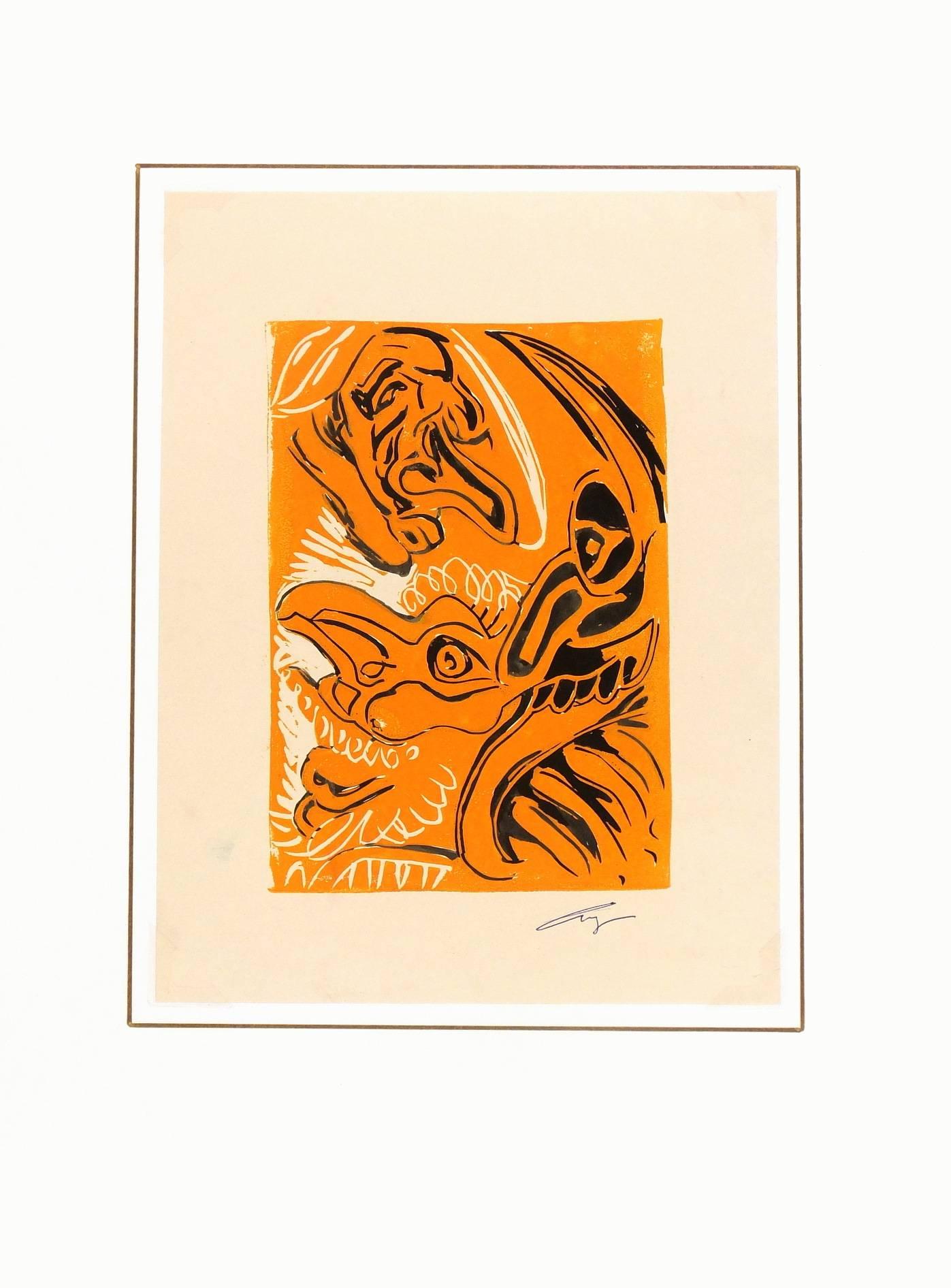 Impactante monotipo abstracto de figuras abstractas en negro sobre un fondo naranja brillante, hacia 1960. Firmado abajo a la derecha.

Obra de arte original sobre papel expuesta en un tapete blanco con borde dorado. La alfombrilla se adapta a un