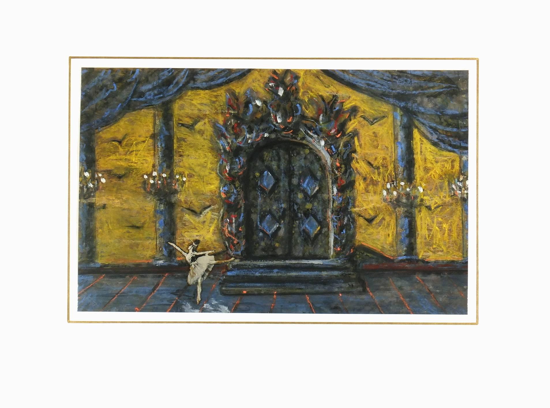 Whimsical oil pastel drawing of an elaborate theater stage hosting a single ballerina made of a vintage photograph by Eli Berg, circa 1940. 

Original artwork on paper displayed on a white mat with a gold border. Mat fits a standard-size frame.