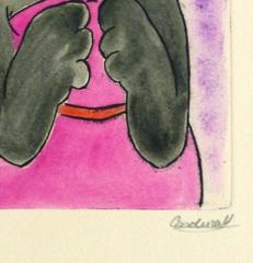 Gravure - Femme chat Aquarelle pastel et acrylique Chat anthropomorphe