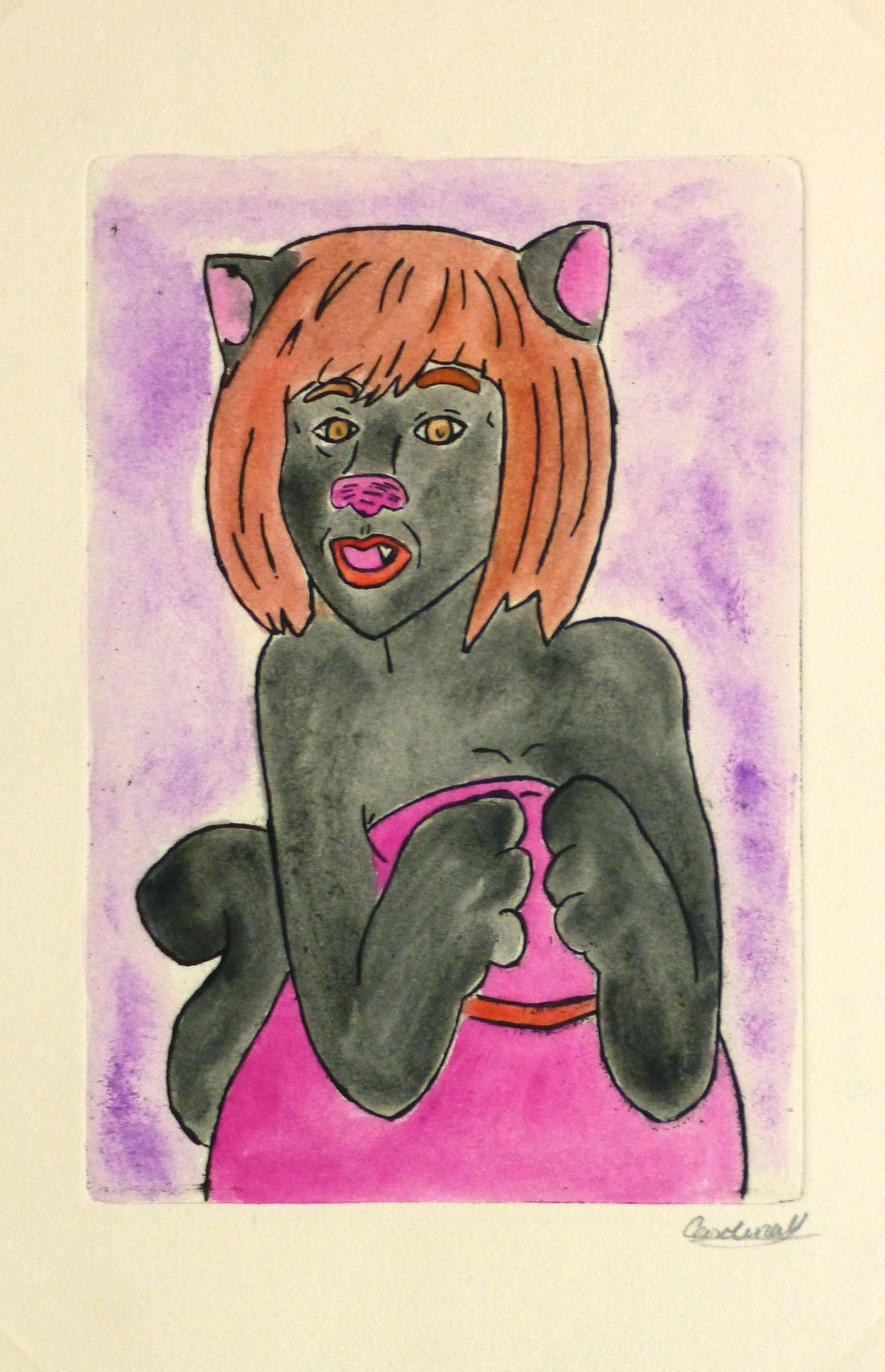  Etching - Cat Woman Pastel Watercolor and Acrylic Anthropomorphic Cat