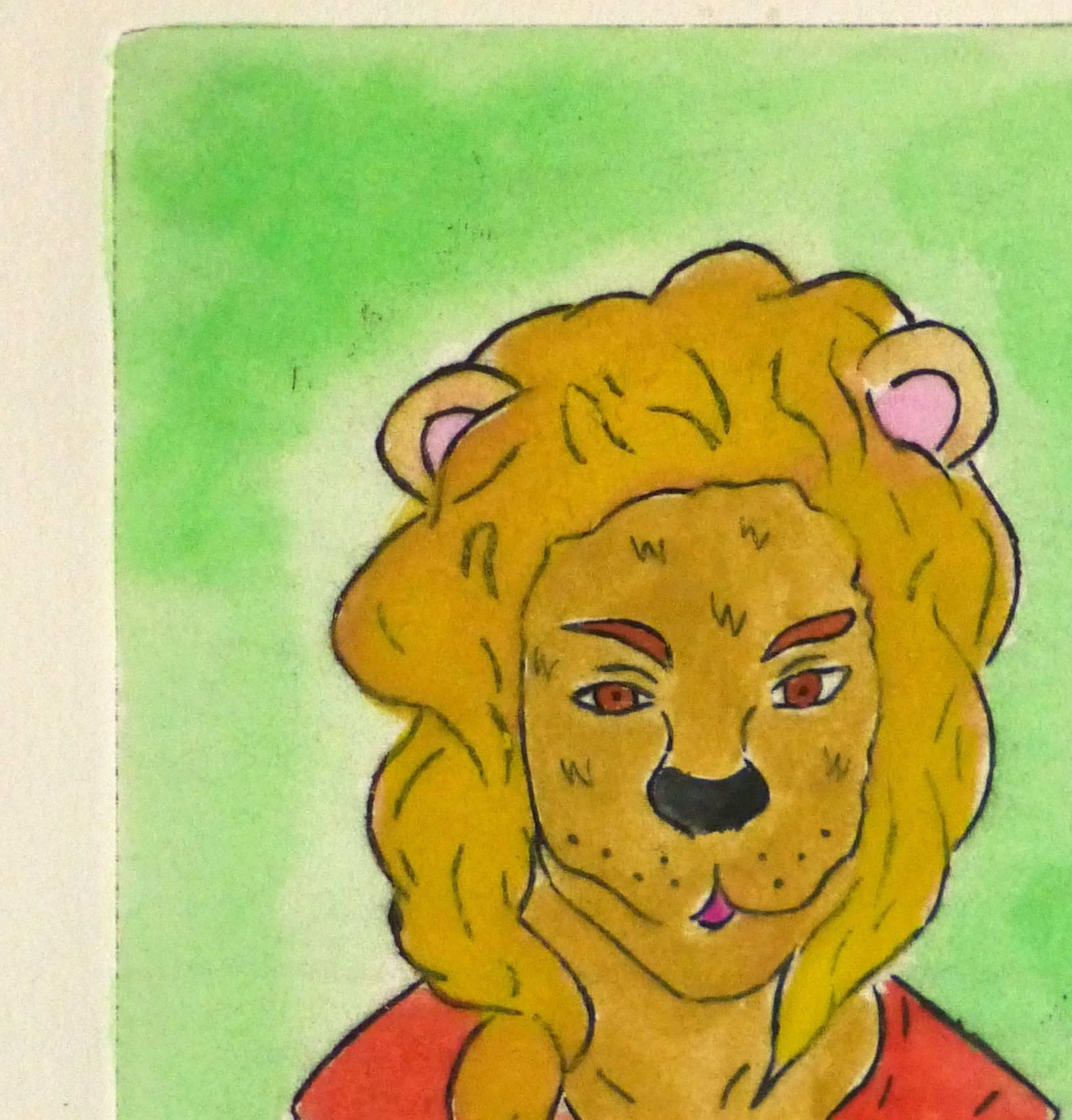 Etching - The Lioness Pastel Watercolor and Acrylic Anthropomorphic Lioness - Print by Ana May