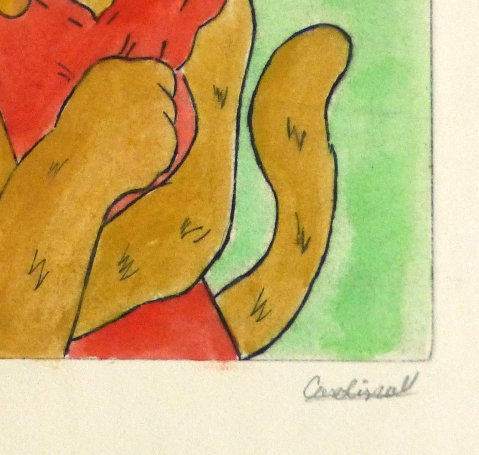 Etching - Die anthropomorphe Löwe in Pastell-Aquarell und Acryl (Beige), Animal Print, von Ana May