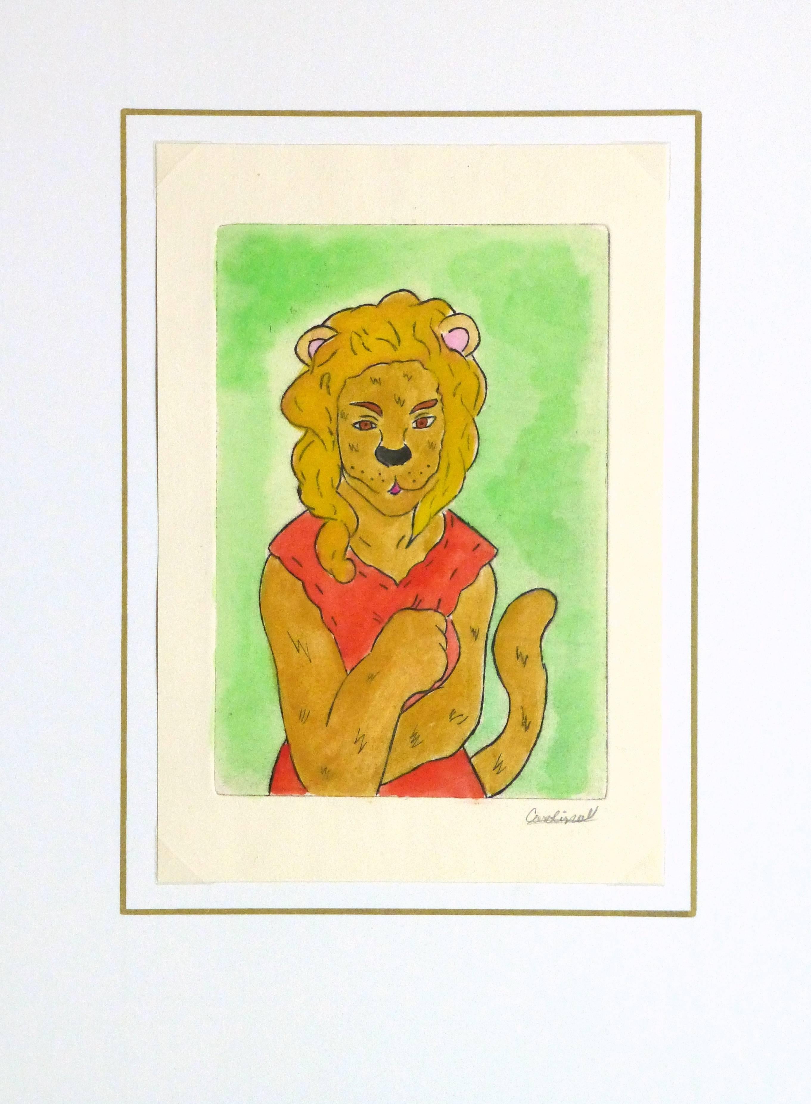 Helle und lebendige, mit Aquarell, Pastell und Acryl kolorierte Radierung einer anthropomorphen Löwin von der mexikanischen Künstlerin Ana May, 2012. Signiert unten rechts.

Originalkunstwerk auf Papier auf einem weißen Passepartout mit Goldrand.