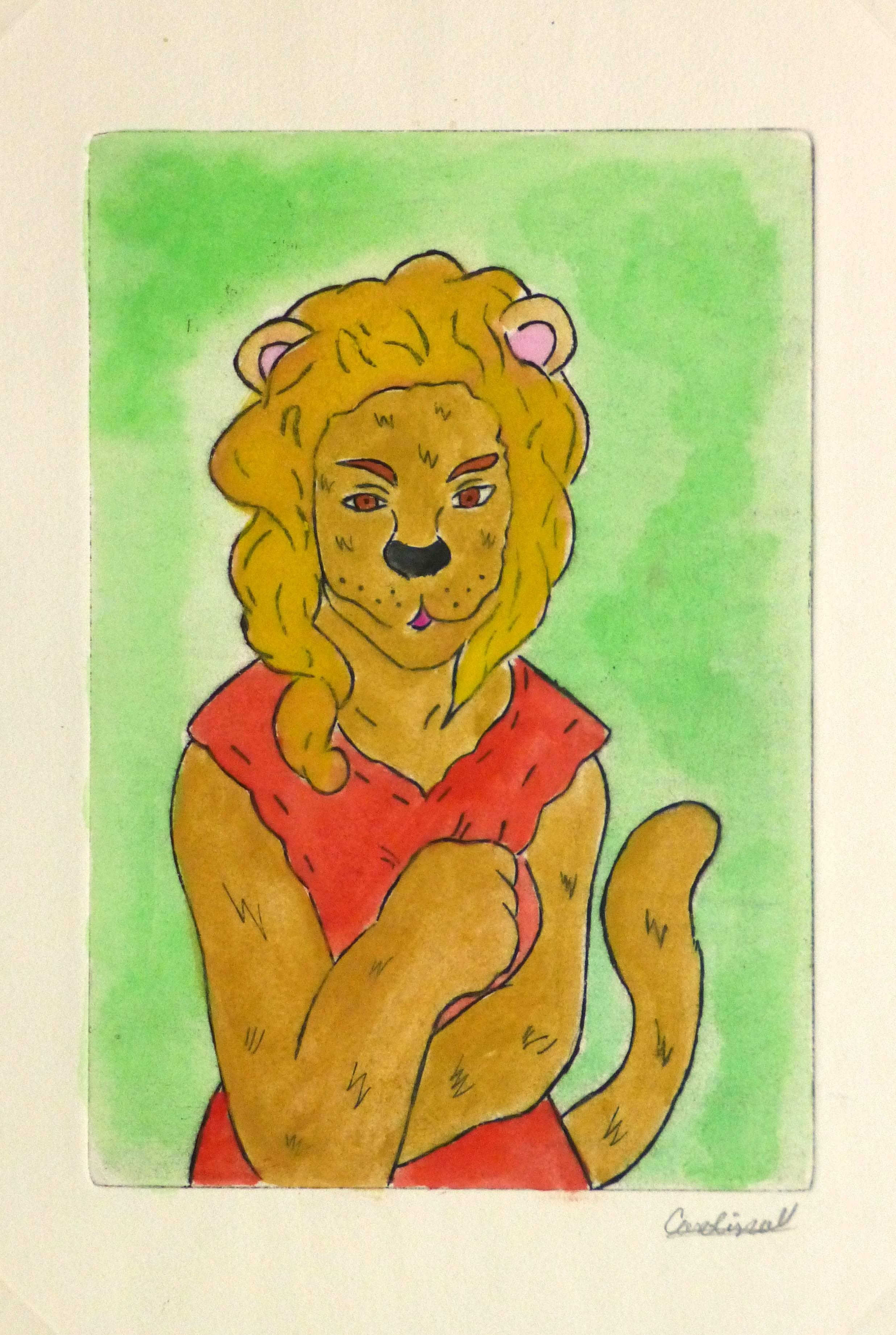 Etching - The Lioness Pastel Watercolor and Acrylic Anthropomorphic Lioness