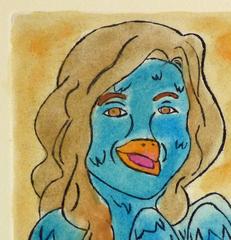 Etching - Blue Lady Pastel Watercolor and Acrylic Anthropomorphic Bird