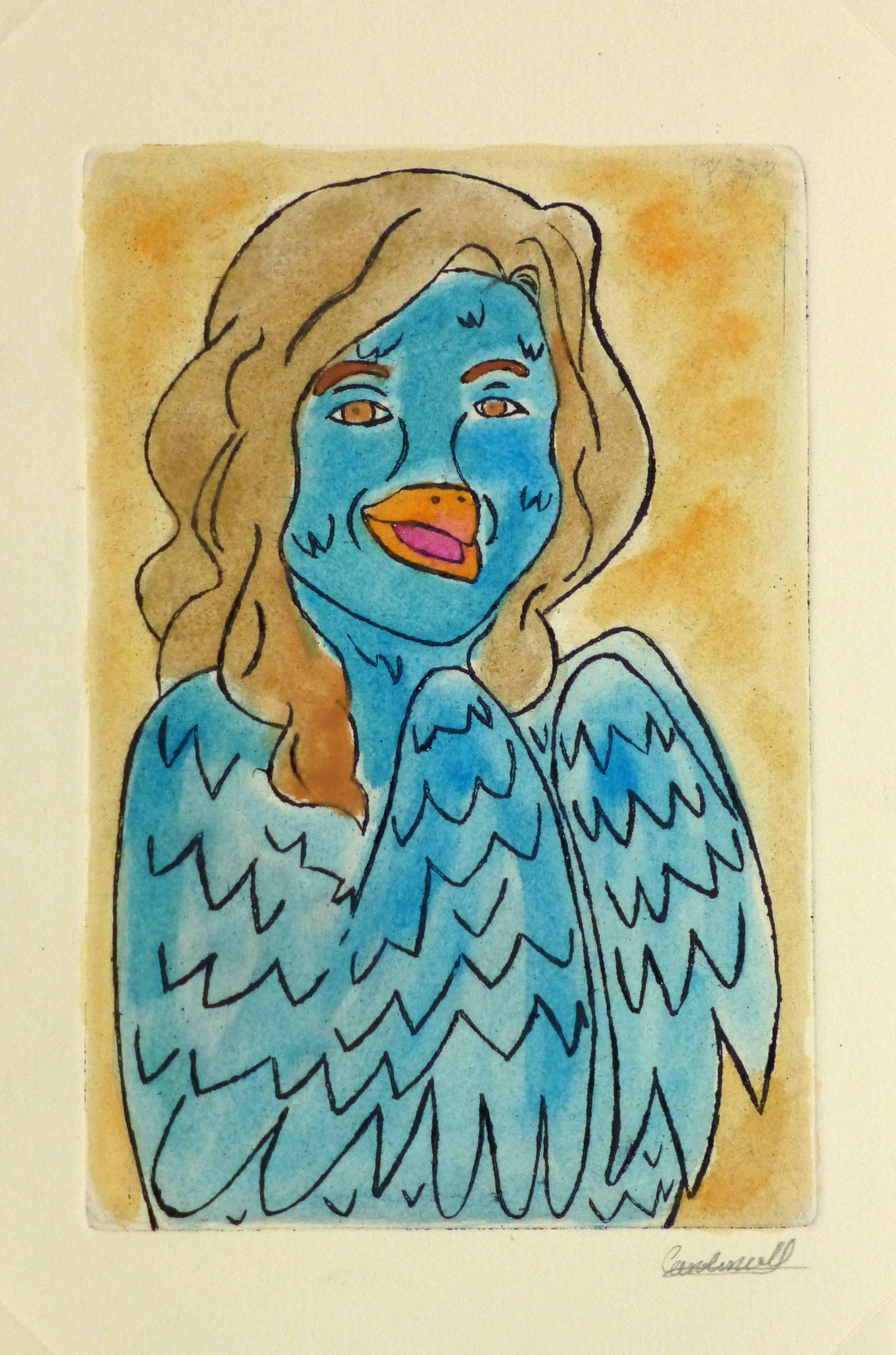 Ana May Animal Print - Etching - Blue Lady Pastel Watercolor and Acrylic Anthropomorphic Bird