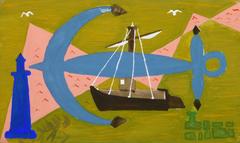 Vintage Abstract Gouache Painting - Modern Maritime