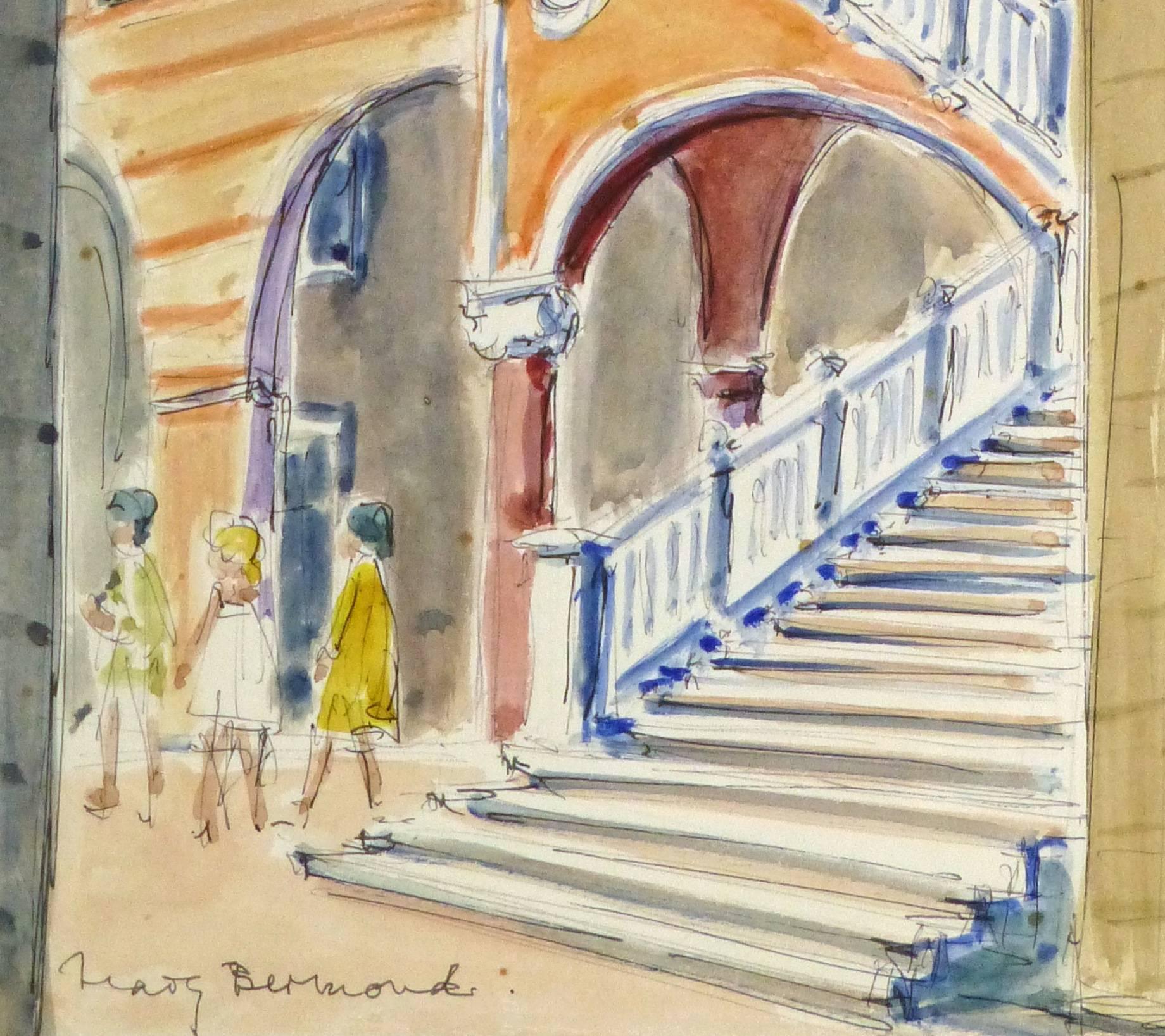 Vintage French Watercolor and Ink - The Staircase - Art by Marguerite Bermond