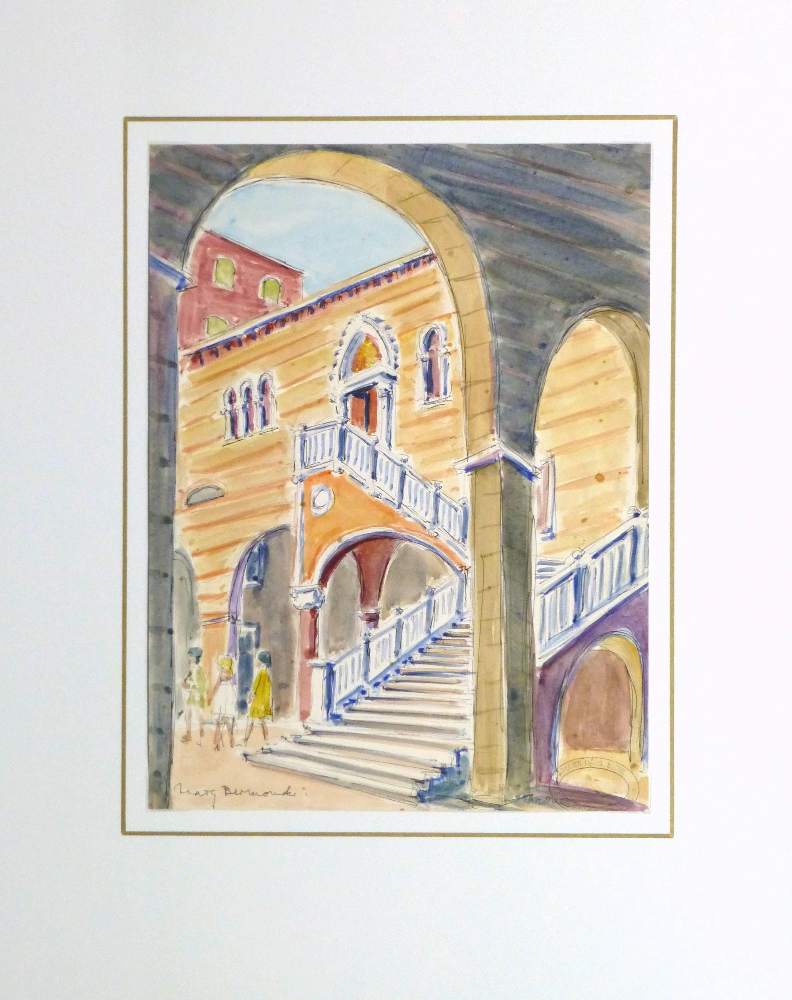 Watercolor and ink painting of the sunlit view of a courtyard with a large staircase by French artist Marguerite Bermond, 1960. Signed lower left, artist's studio stamp lower right.

Original artwork on paper displayed on a white mat with a gold