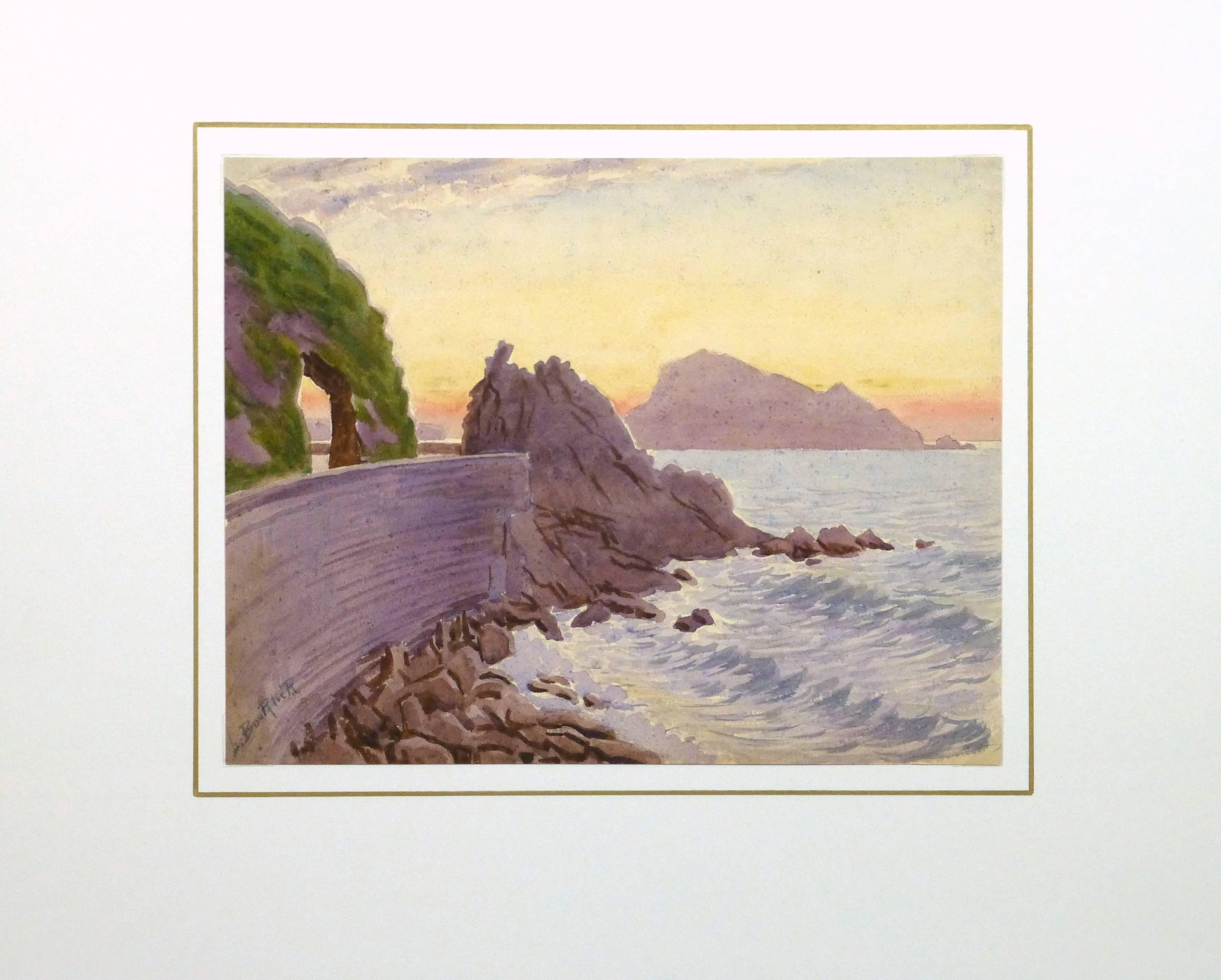 Beeindruckendes Aquarell eines schönen Sonnenuntergangs über einer Felsenküste an der Côte d'Azur von dem französischen Künstler L. Bourlier, um 1920. Signiert unten links. 

Originalkunstwerk auf Papier auf einem weißen Passepartout mit Goldrand.