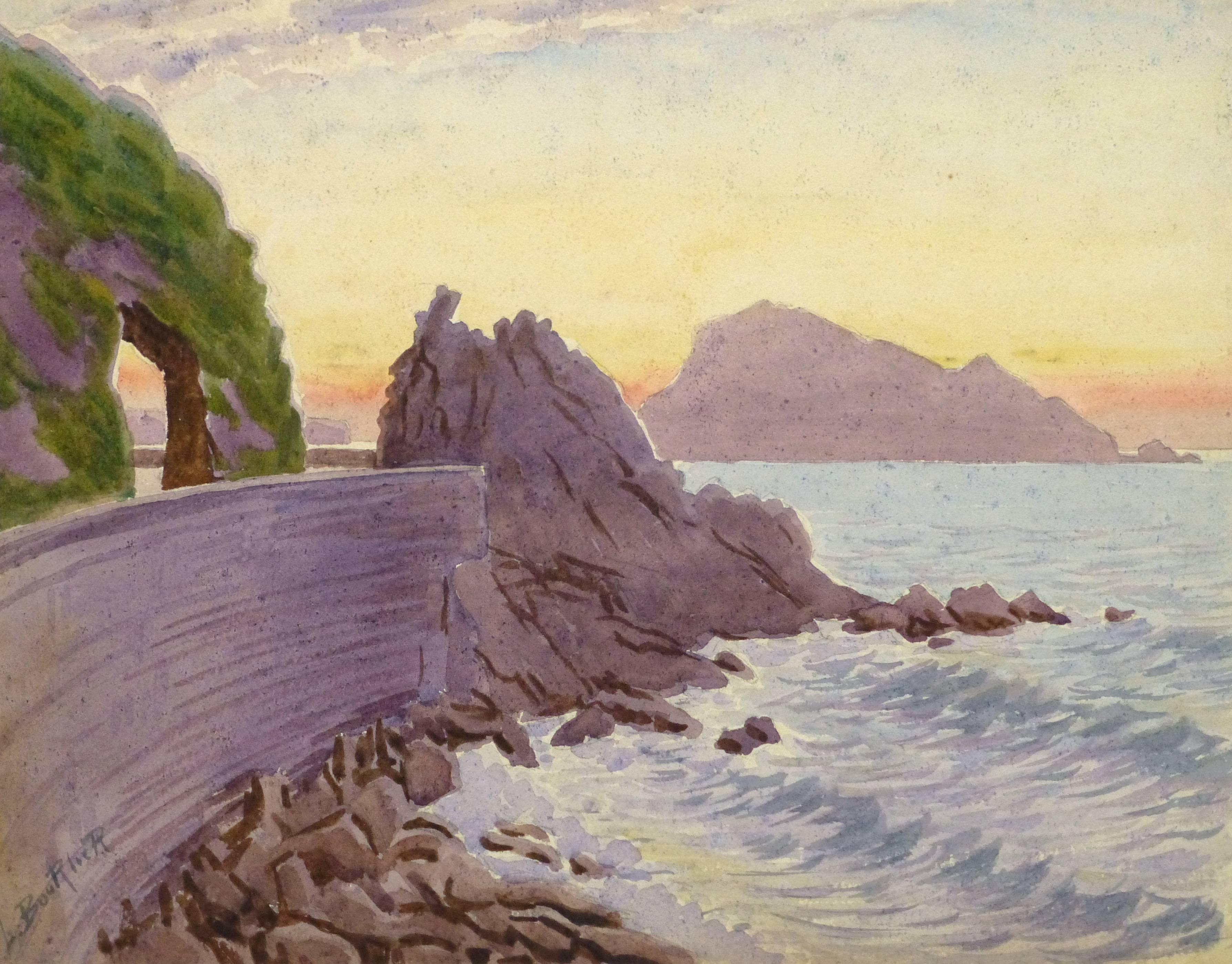 Unknown Landscape Art – Französisches Aquarell im Vintage-Stil - Rand der Riviera
