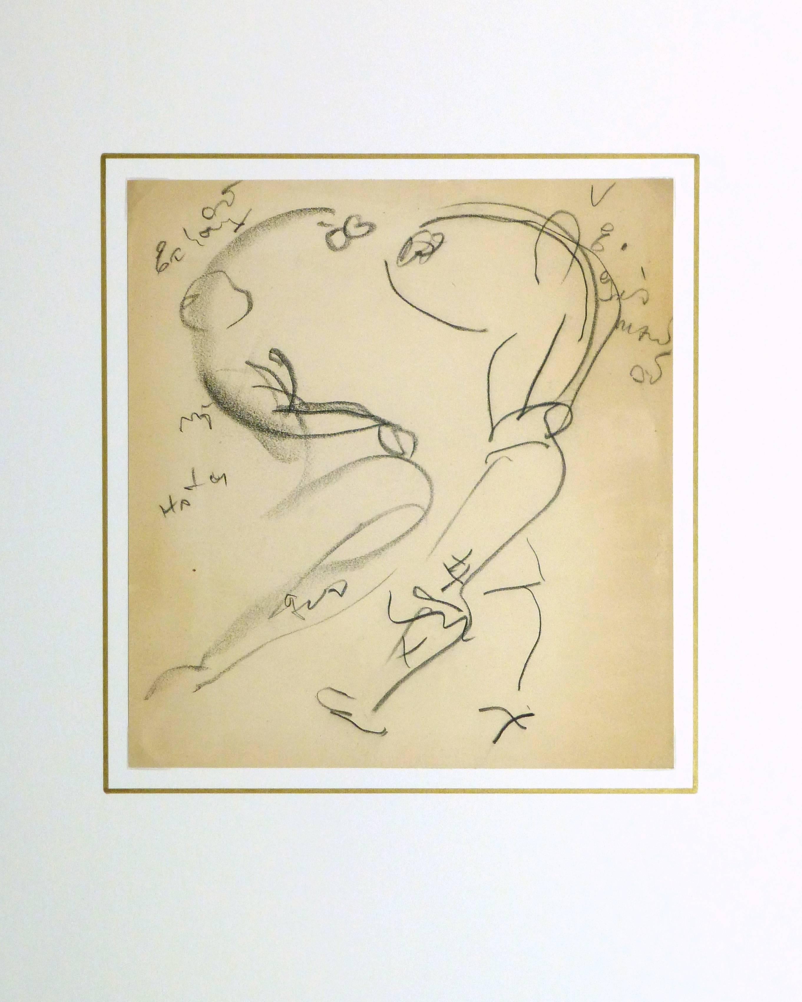 Dynamic charcoal abstract drawing using fluid lines to depict two dancers by French artist Jean Toth (1899-1972), circa 1950.

Original artwork on paper displayed on a white mat with a gold border. Mat fits a standard-size frame. Archival plastic
