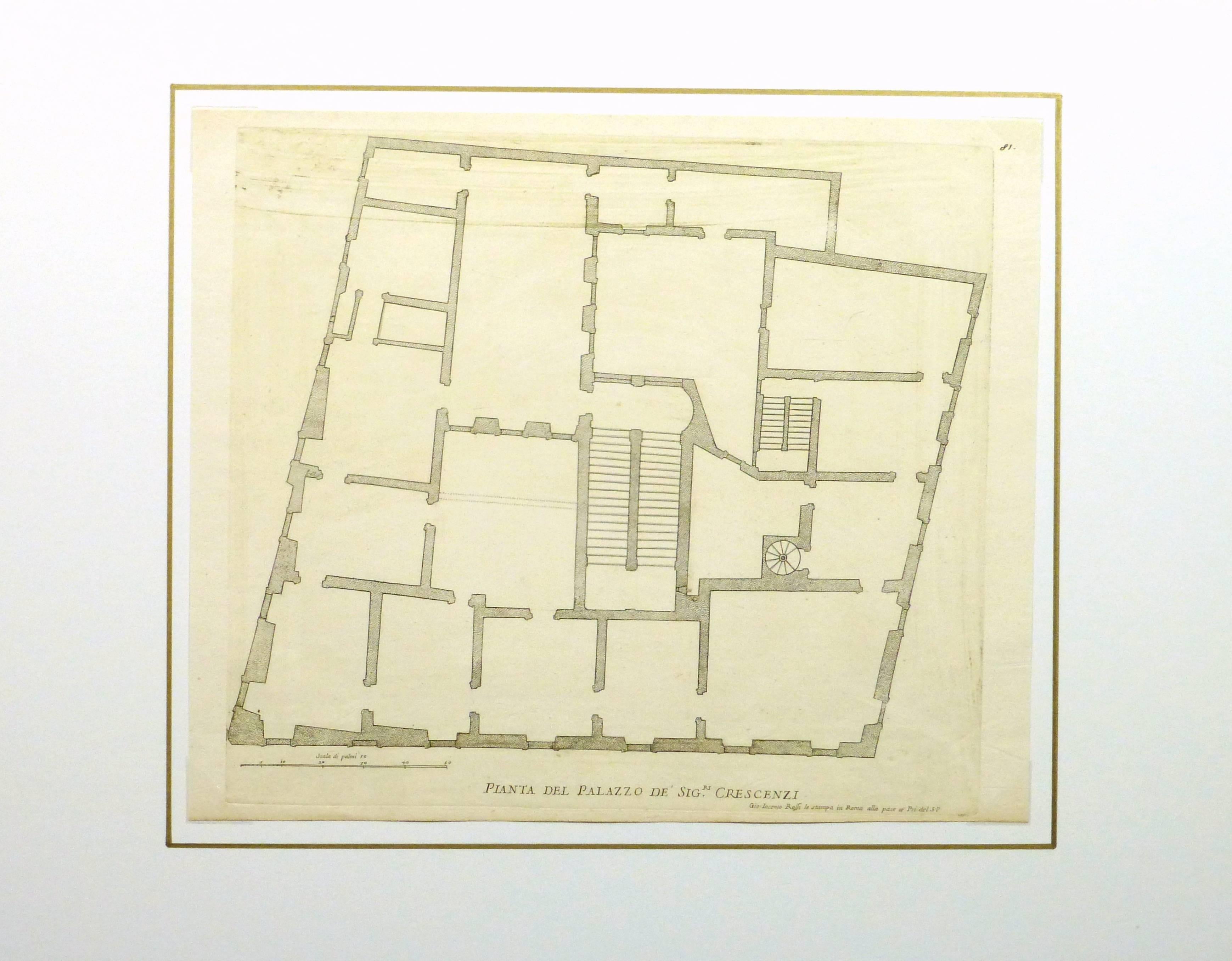 Grabado antiguo en cobre del plano del palacio Crescenzi de Roma, Italia, por el italiano Giovanni Giacomo de' Rossi, 1650. 

Obra de arte original sobre papel expuesta en un tapete blanco con borde dorado. La alfombrilla se adapta a un marco de