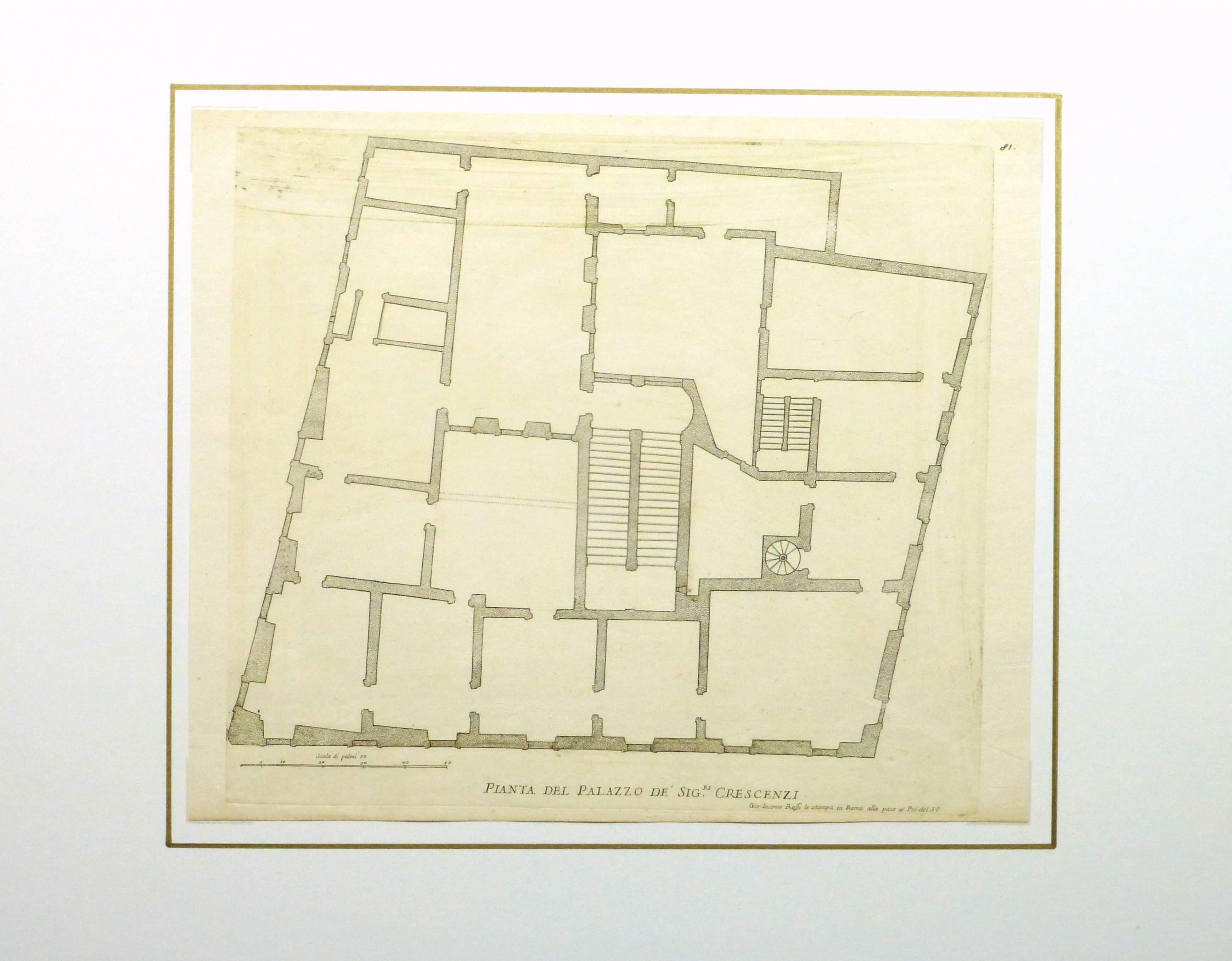 Antiker Kupferstich des Grundrisses des Crescenzi-Palastes in Rom, Italien, von dem Italiener Giovanni Giacomo de' Rossi, 1650. 

Originalkunstwerk auf Papier auf einem weißen Passepartout mit Goldrand. Die Matte passt in einen Rahmen in