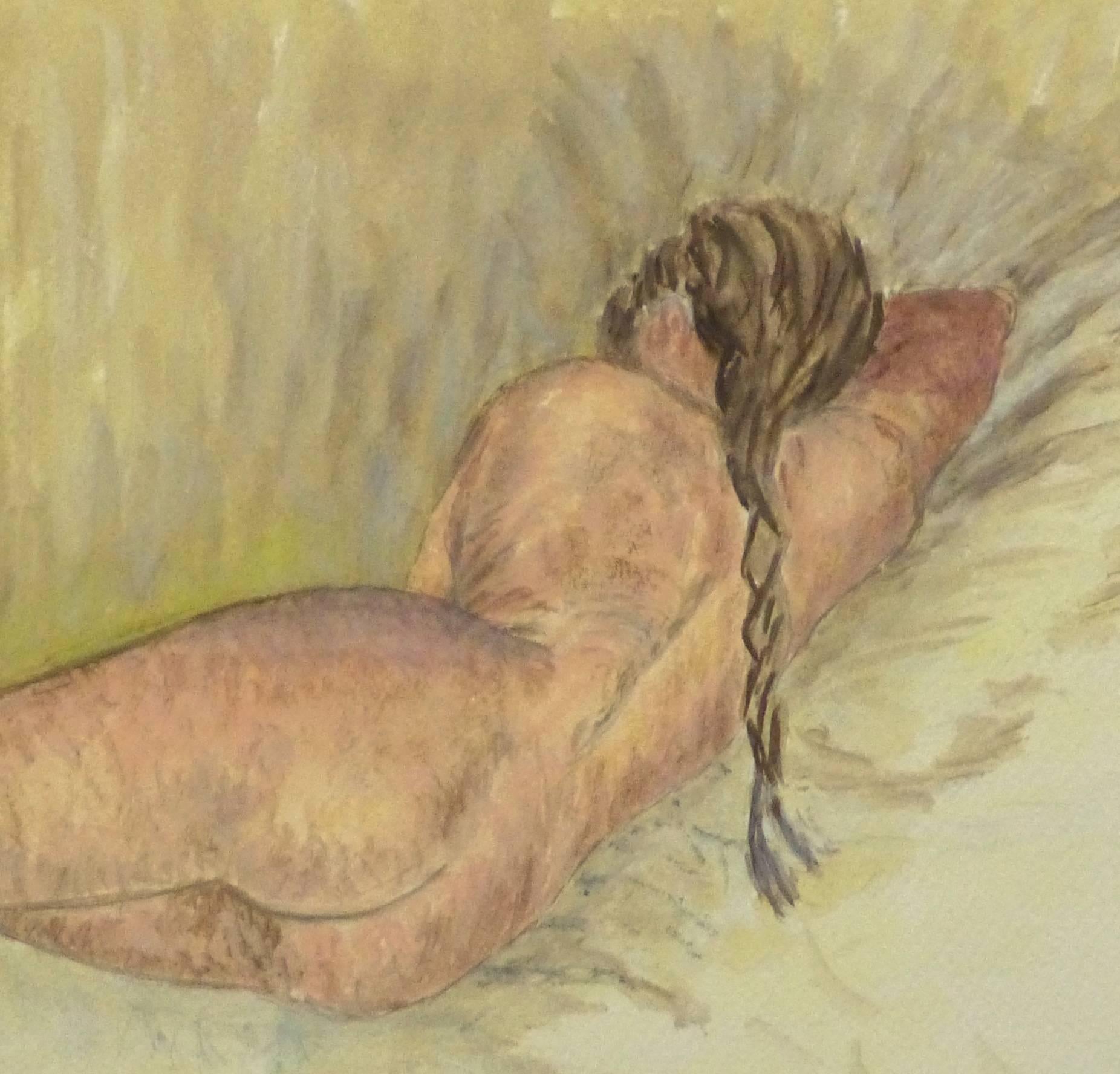 Glowing French watercolor of a nude female peacefully sleeping upon a sunny yellow backdrop by artist A. Guillaume, 1978. Dated and signed lower right. 

Original artwork on paper displayed on a white mat with a gold border. Mat fits a standard-size