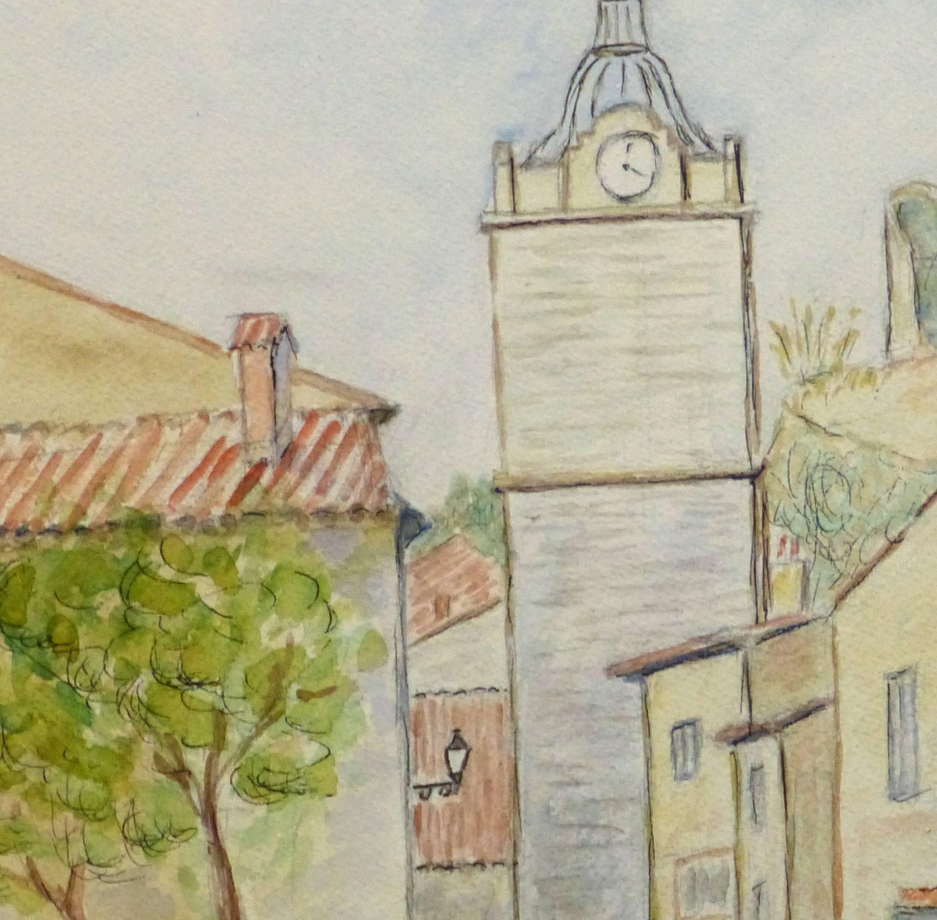 Vintage French Watercolor - Clock Tower - Brown Landscape Art by Albert Guillaume