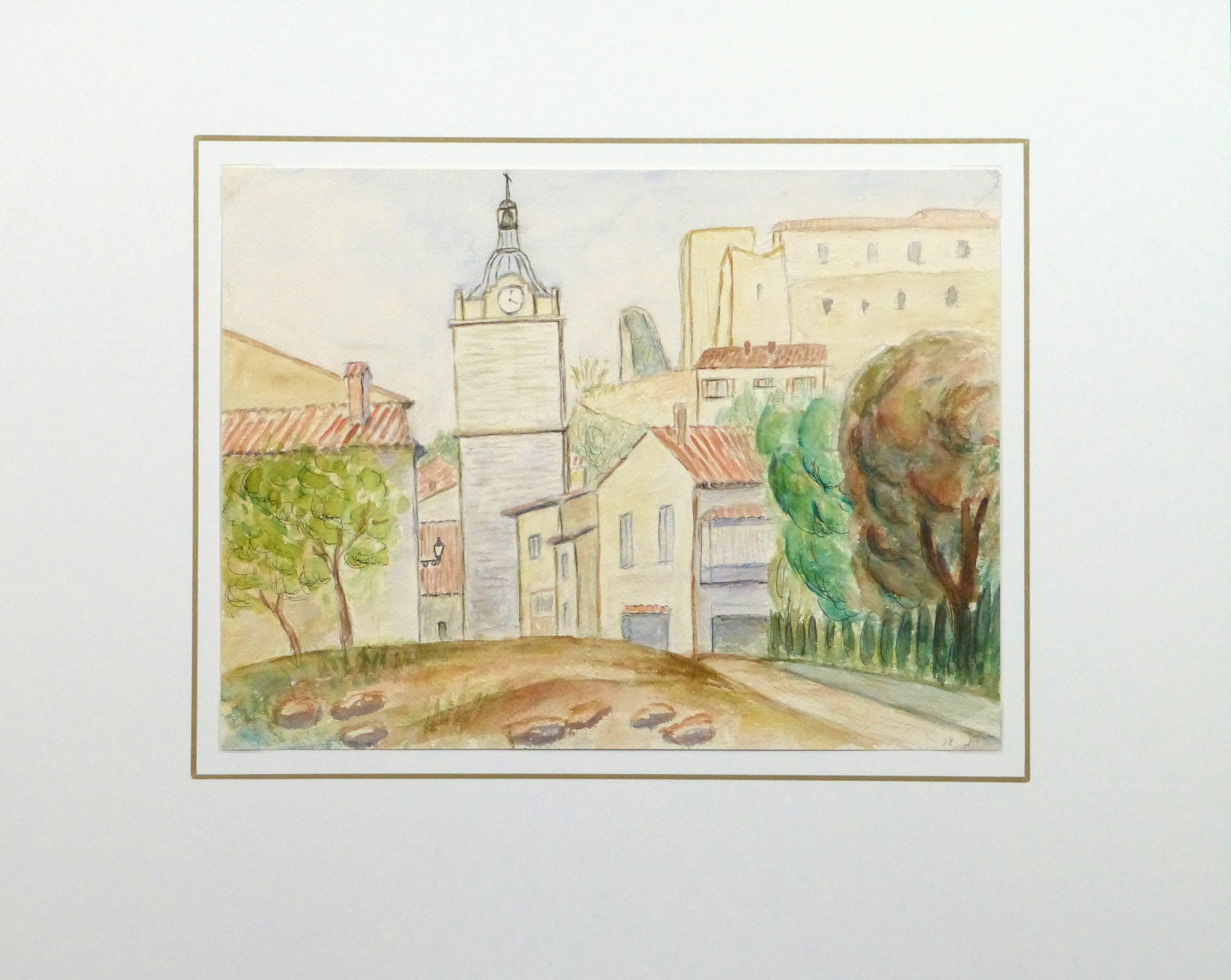 Cheerful and sunny French watercolor of a small town with a prominent clock tower by artist A. Guillaume, 1979. Dated and signed lower right.

Original artwork on paper displayed on a white mat with a gold border. Mat fits a standard-size frame.