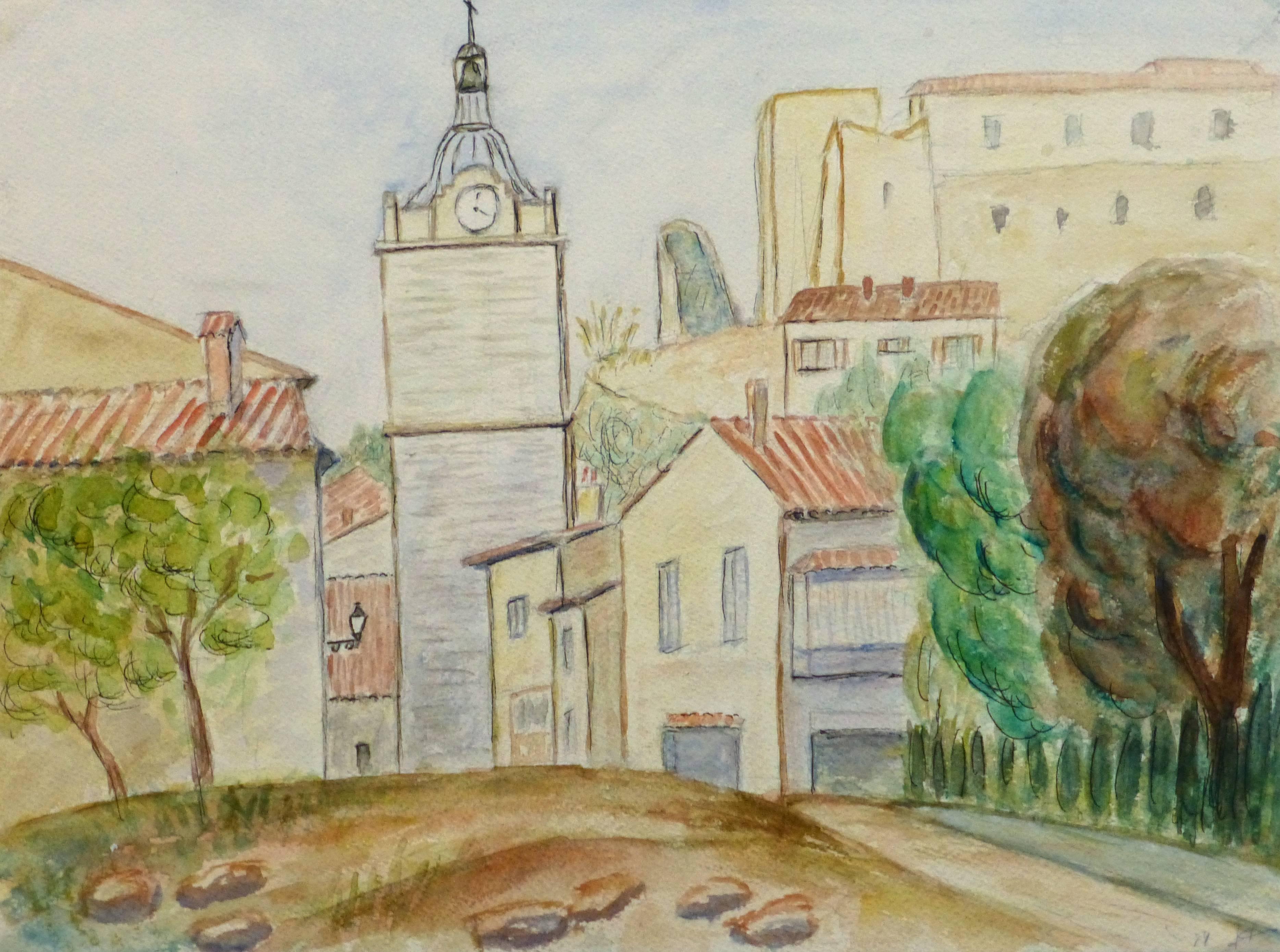 Albert Guillaume Landscape Art - Vintage French Watercolor - Clock Tower