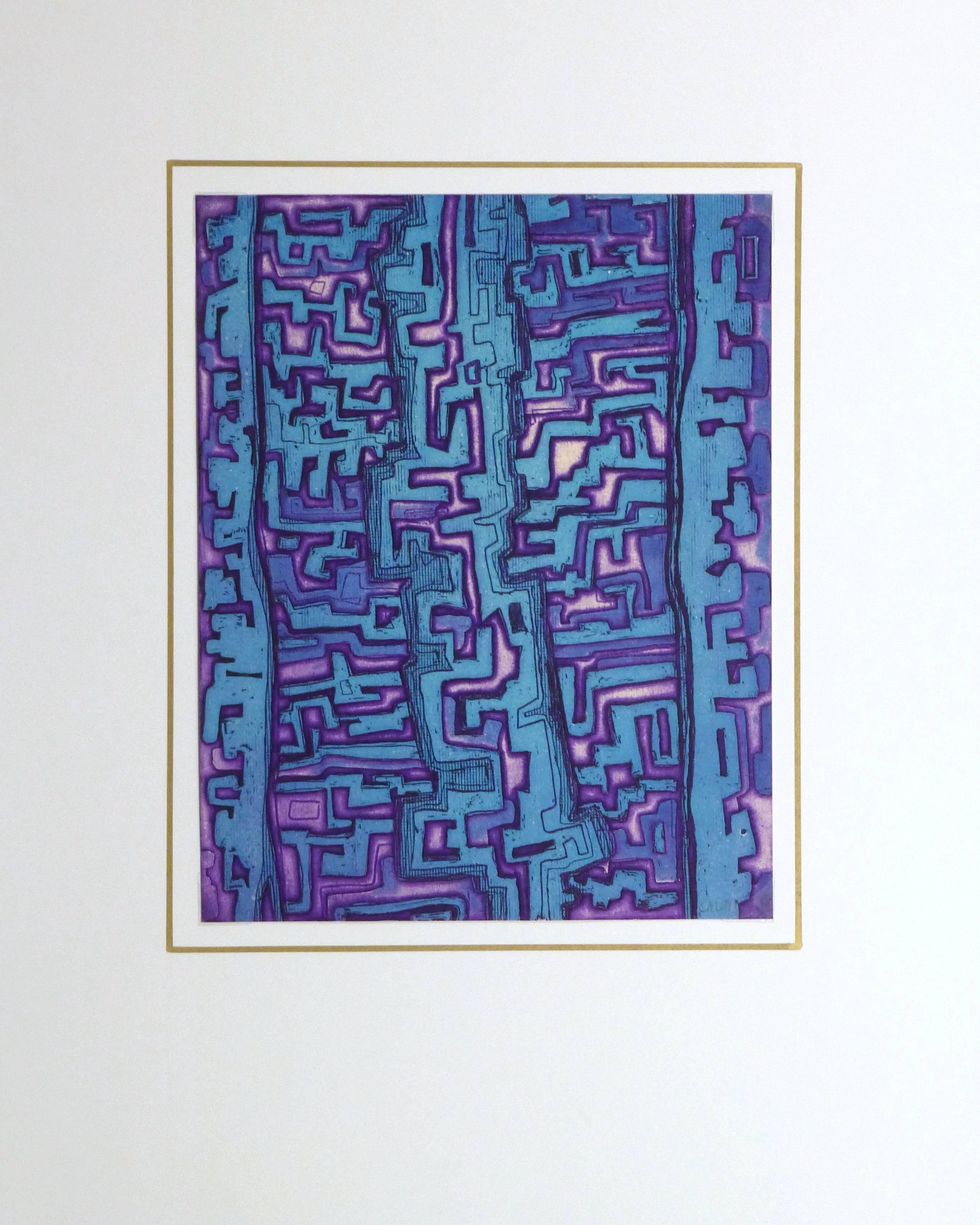 Exceptional embossed lithograph of angular and maze like shapes hued in bright aqua and purple by artist Calmet, 2000. Signed lower right.

Original artwork on paper displayed on a white mat with a gold border. Mat fits a standard-size frame.