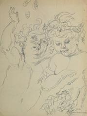Antique French Drawing - Crowning the Cherubs