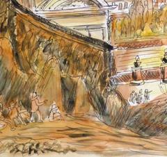 Vintage Italian Watercolor and Ink - Outskirts of Italian Village