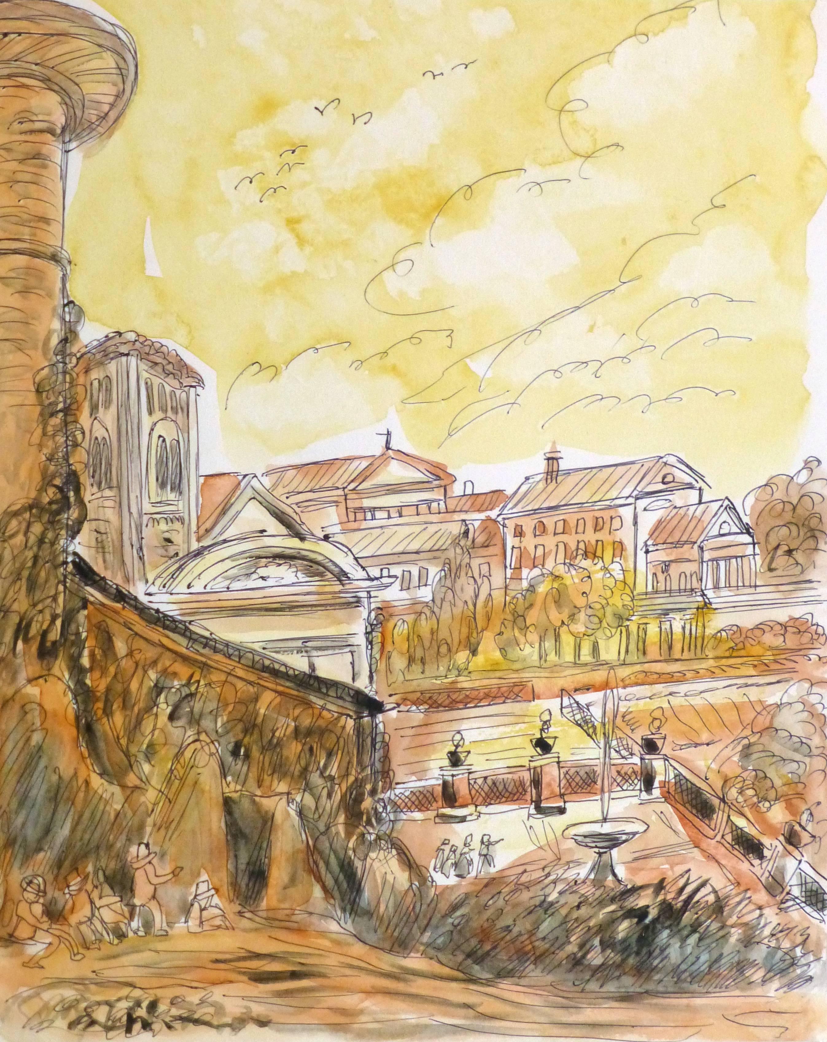 Italienisches Aquarell und Tinte – Außenseite eines italienischen Dorfes