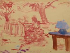 Antique French Watercolor - The Red Bench
