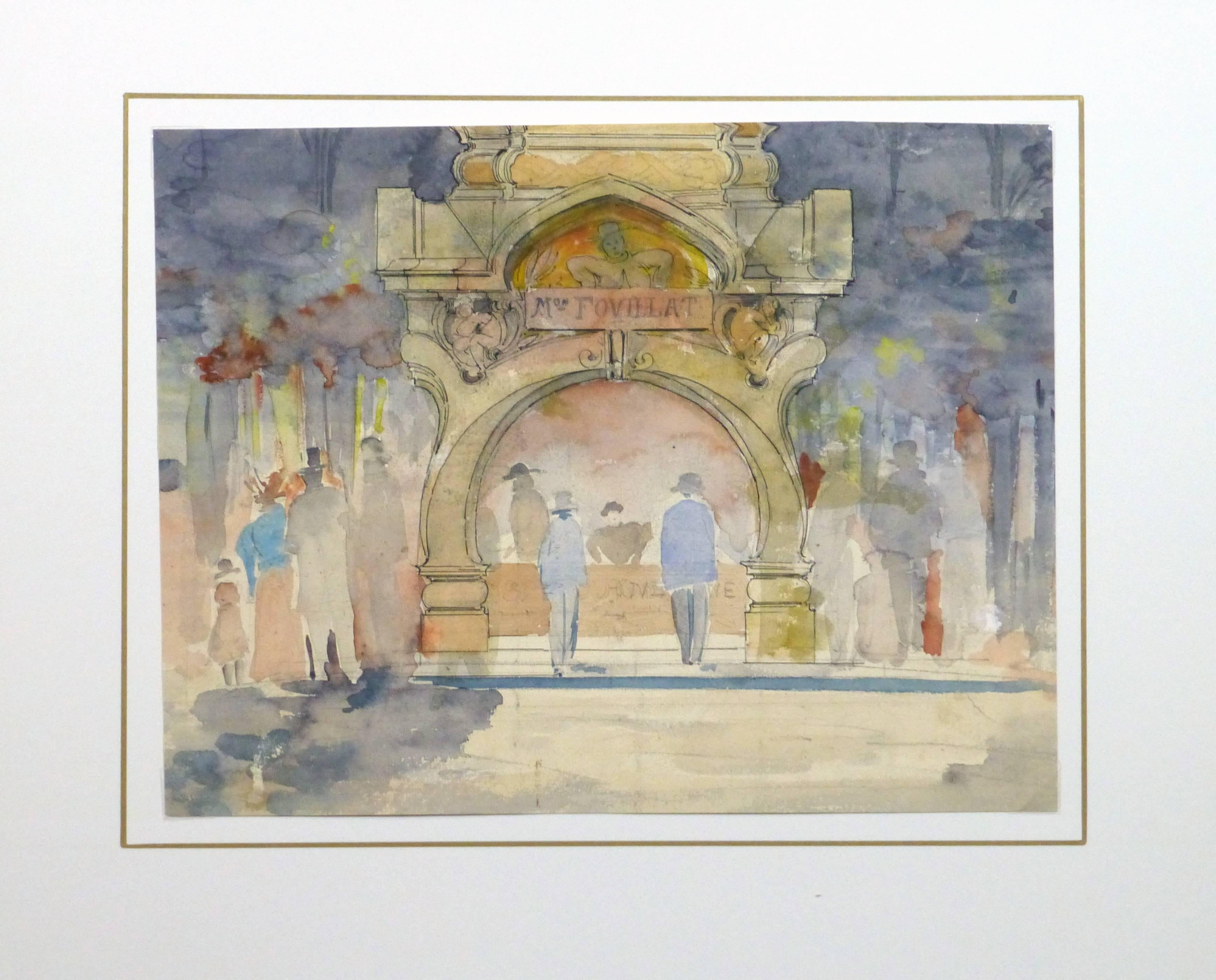 Vintage French Watercolor - Theater Night - Brown Landscape Art by Unknown