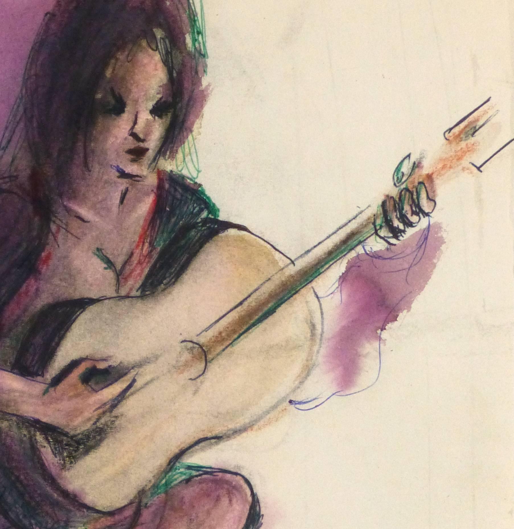 Vintage Watercolor and Ink Painting - Purple Themed Flamenco Guitarist - Art by Unknown