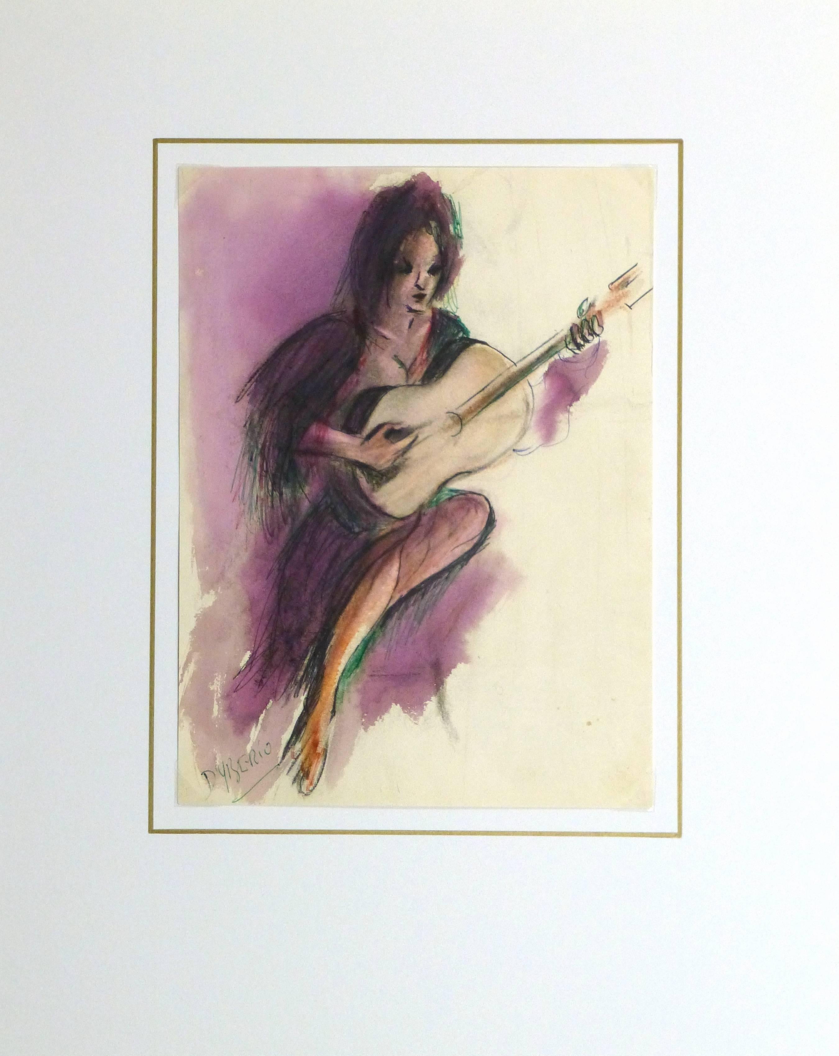 Sensual watercolor and ink painting of a sultry female clad in purple with a purple background playing the guitar by Spanish artist D'Yberio, circa 1960. Signed lower left. 

Original artwork on paper displayed on a white mat with a gold border. Mat