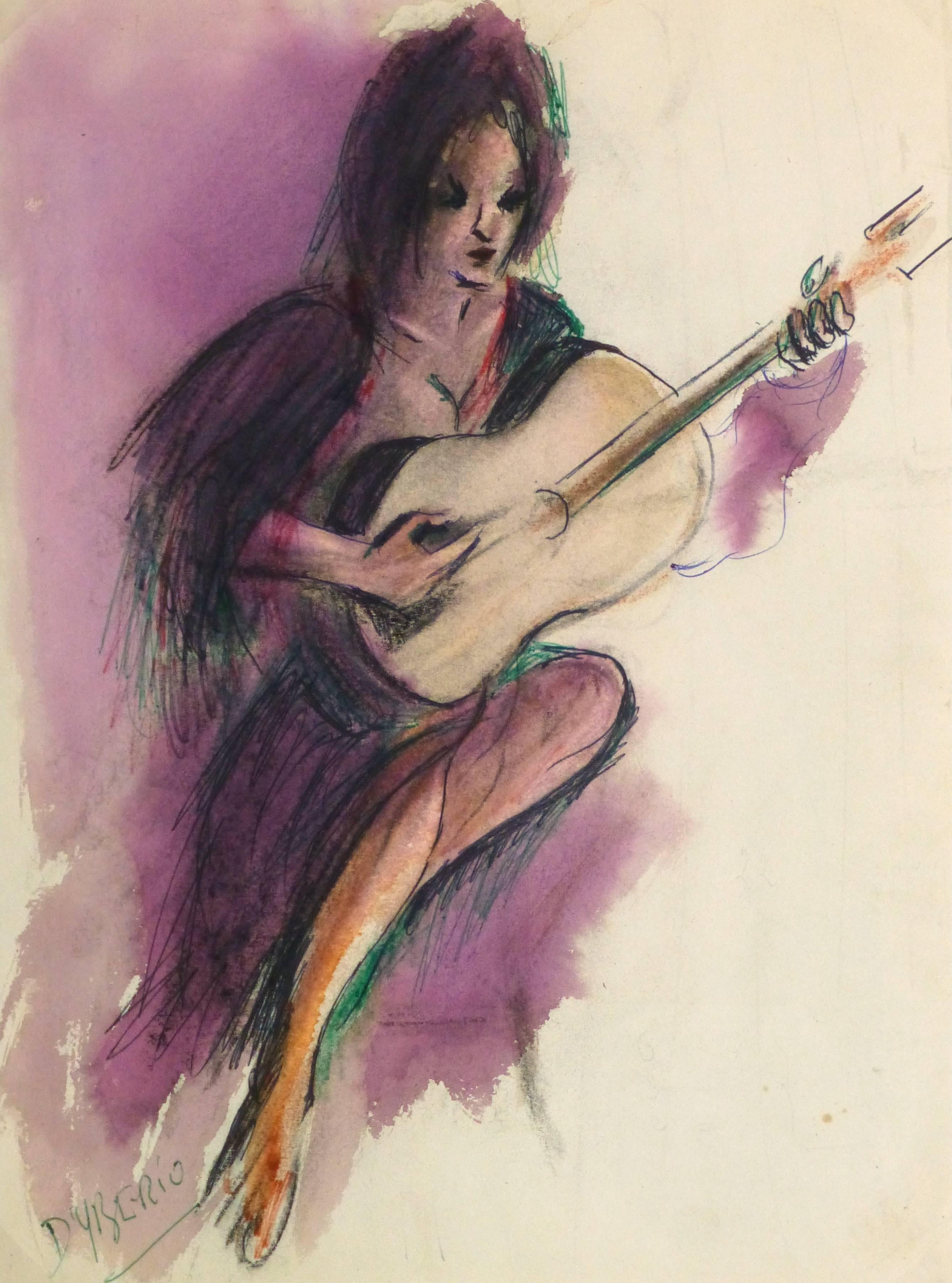 Unknown Portrait - Vintage Watercolor and Ink Painting - Purple Themed Flamenco Guitarist