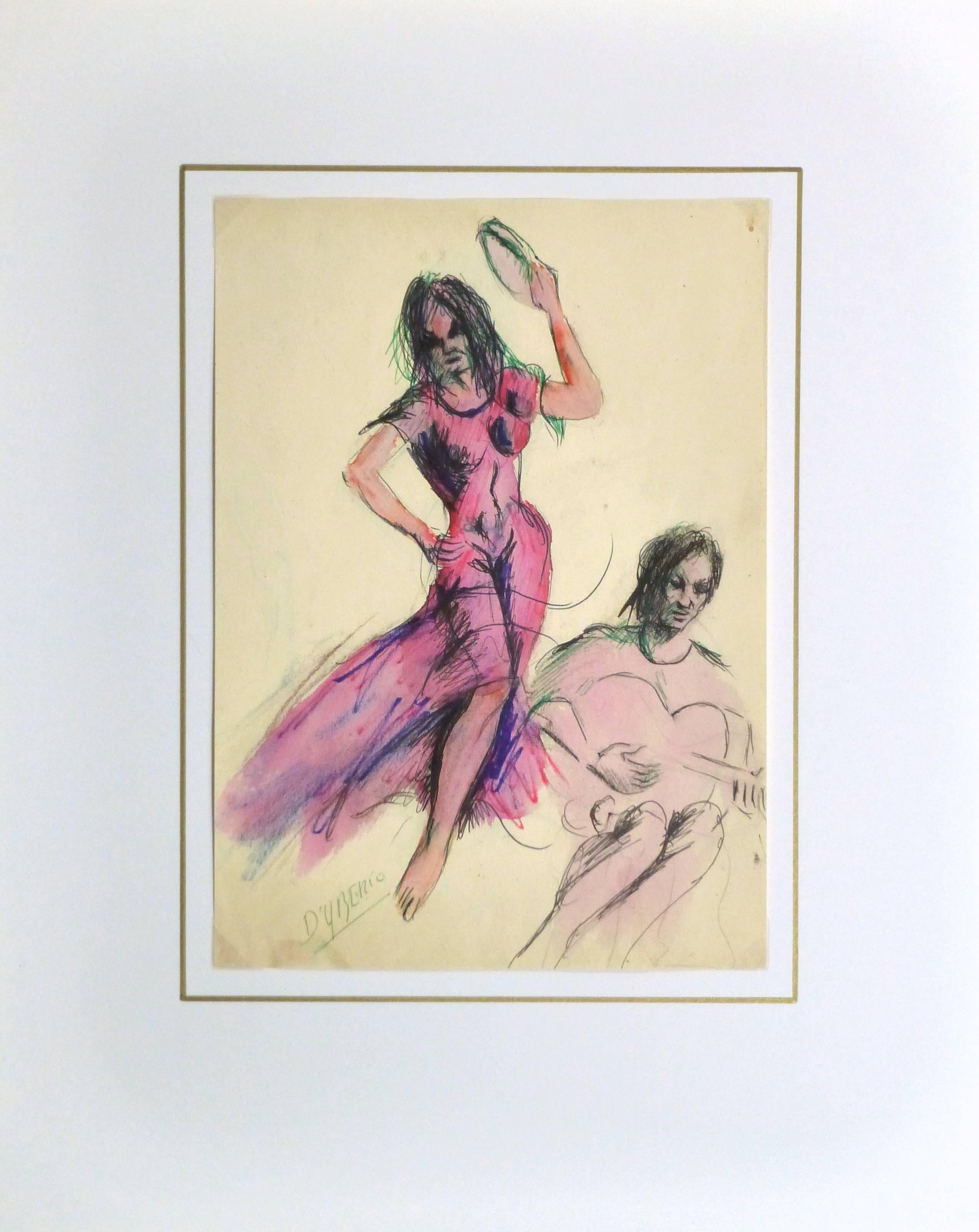 Lively watercolor and ink painting of a dancing female clad in a form fitting pink dress alongside a male guitar player by Spanish artist D'Yberio, circa 1960. Signed lower left.

Original artwork on paper displayed on a white mat with a gold