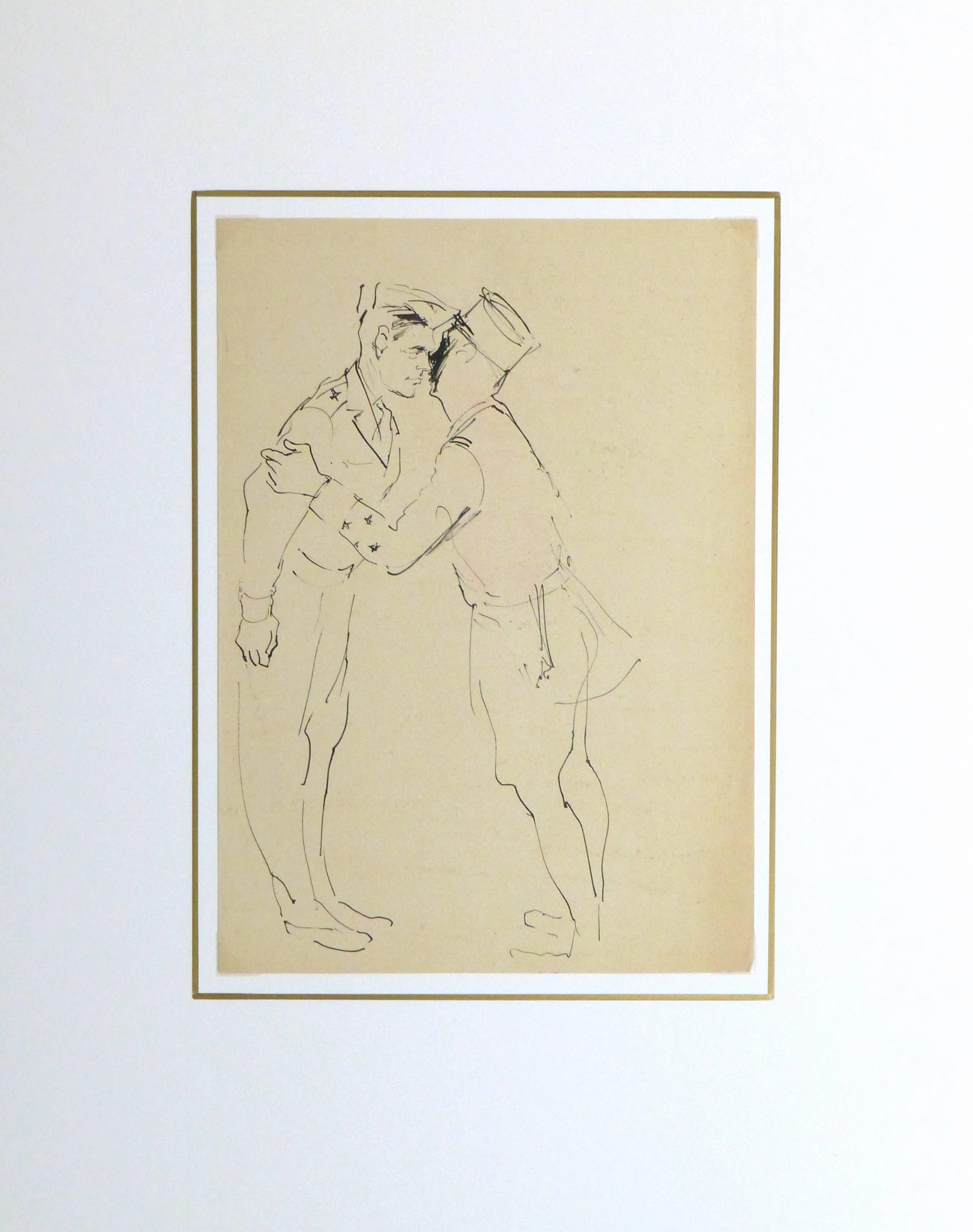 Vintage French Pen & Ink Sketch - The General's Salutation - Beige Figurative Art by Pierre Pages