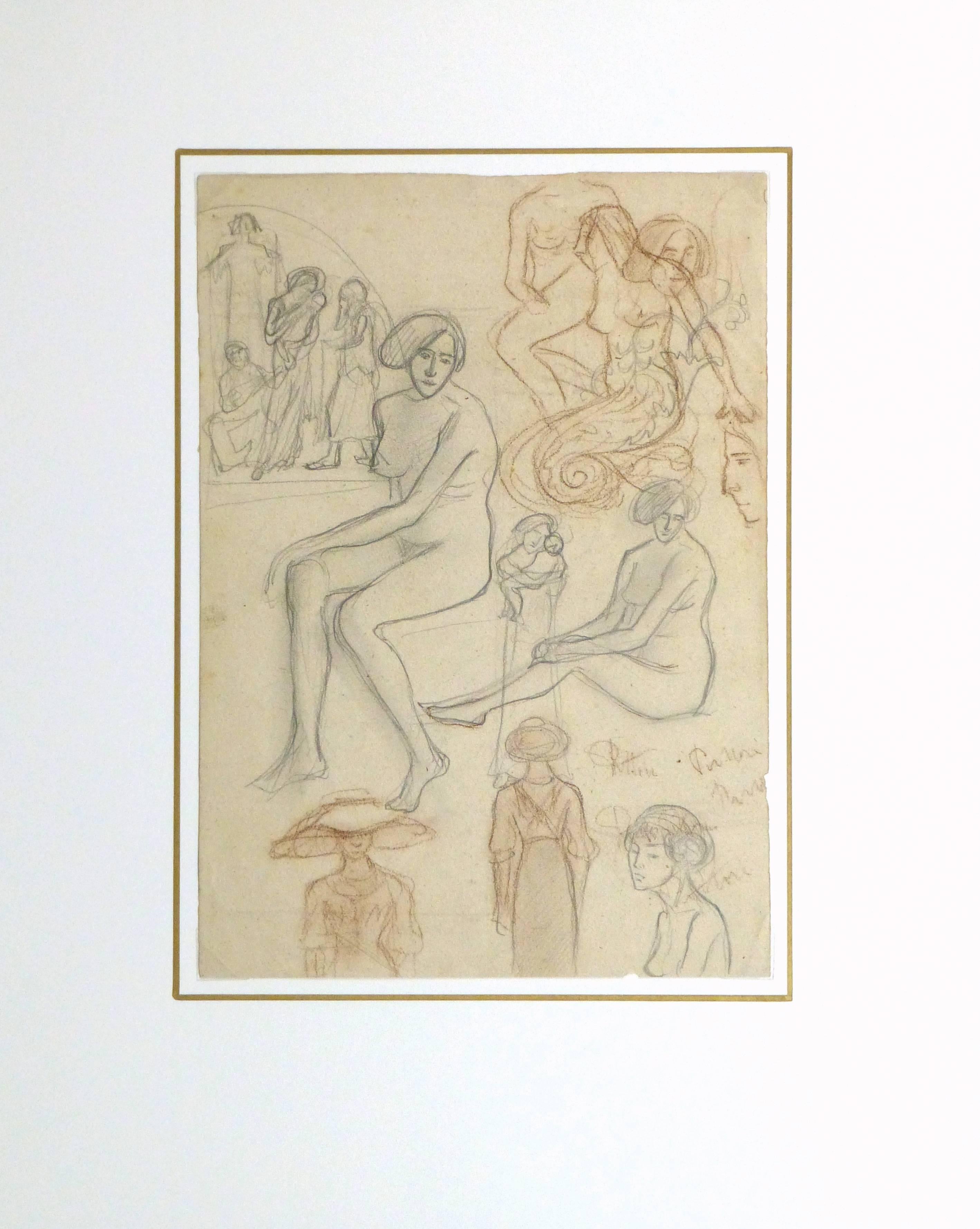 Elegant Italian pencil and charcoal sketch of various female figures both clothed and nude by Fantini, circa 1900.

Original artwork on paper displayed on a white mat with a gold border. Mat fits a standard-size frame. Archival plastic sleeve and
