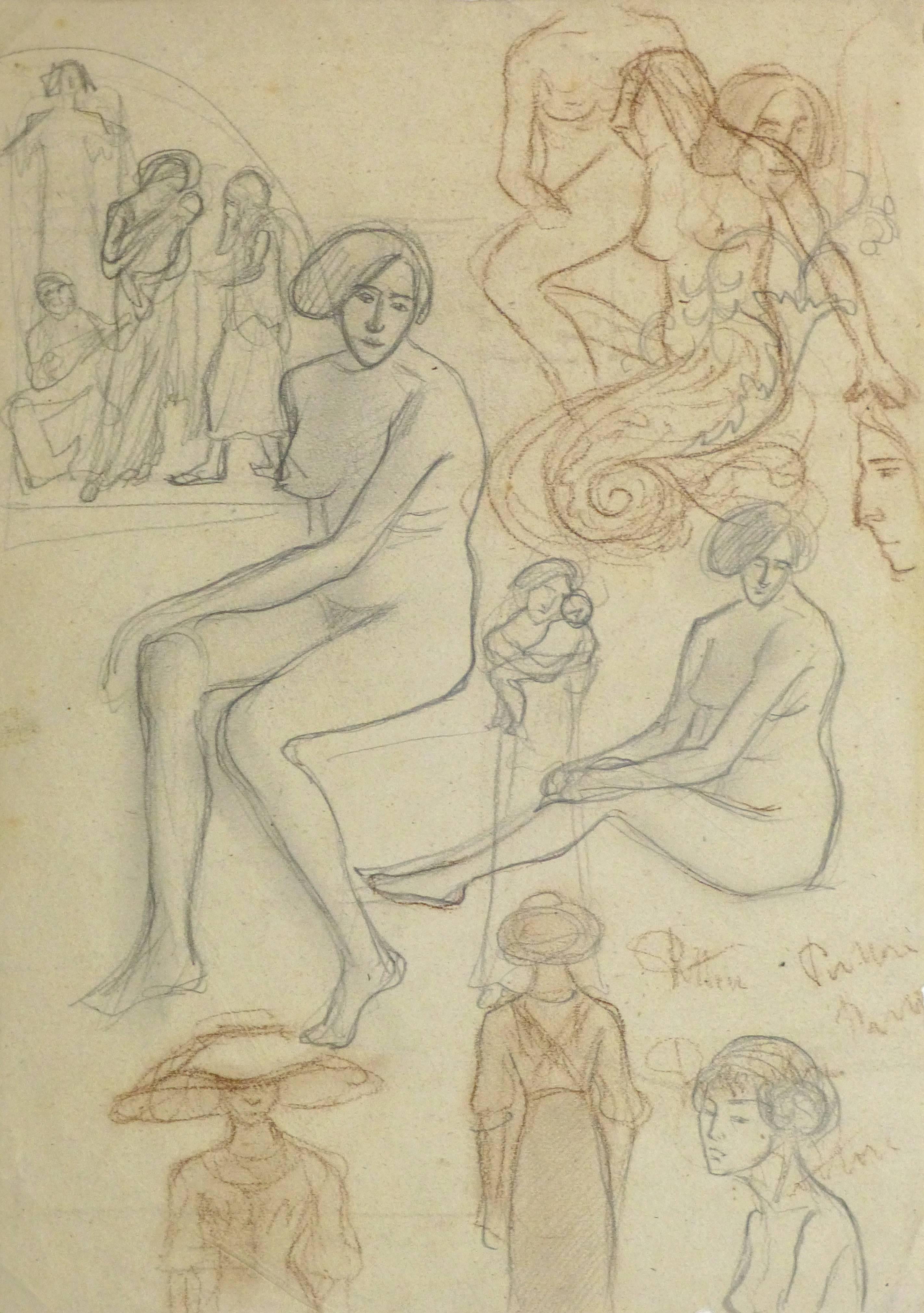 Fantini Figurative Art - Antique Pencil and Charcoal Sketch - Female Figure Study