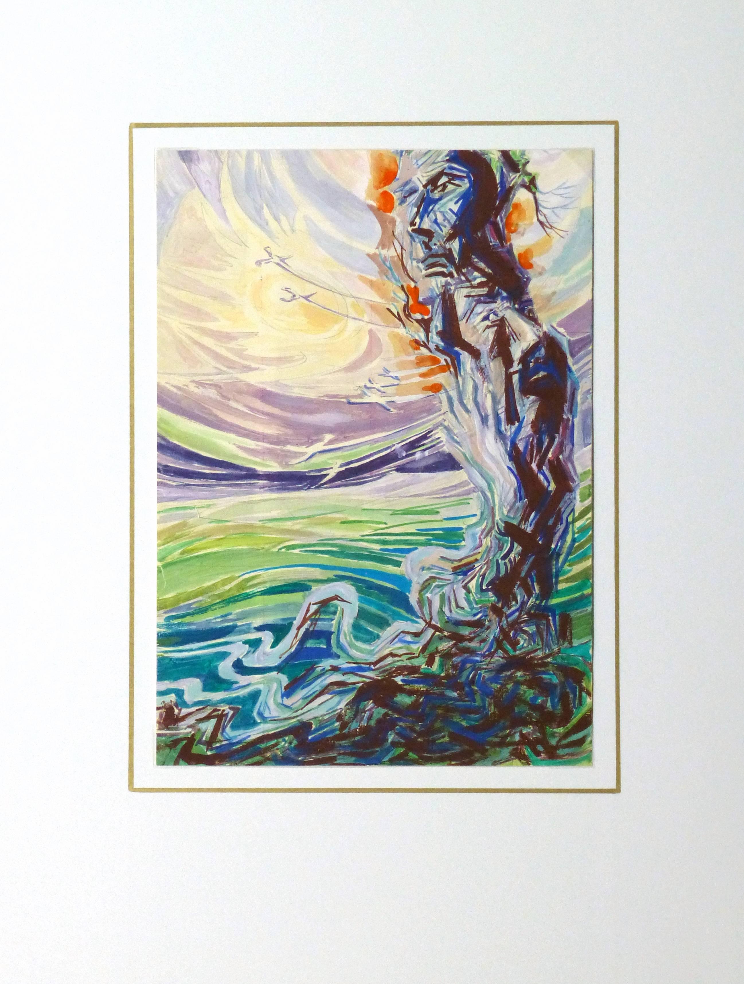 Captivante peinture acrylique abstraite utilisant une vaste gamme de couleurs pour représenter un visage humain abstrait et une main avec un paysage en arrière-plan sous un soleil couchant et des âmes s'envolant de l'humain abstrait par Sellés,