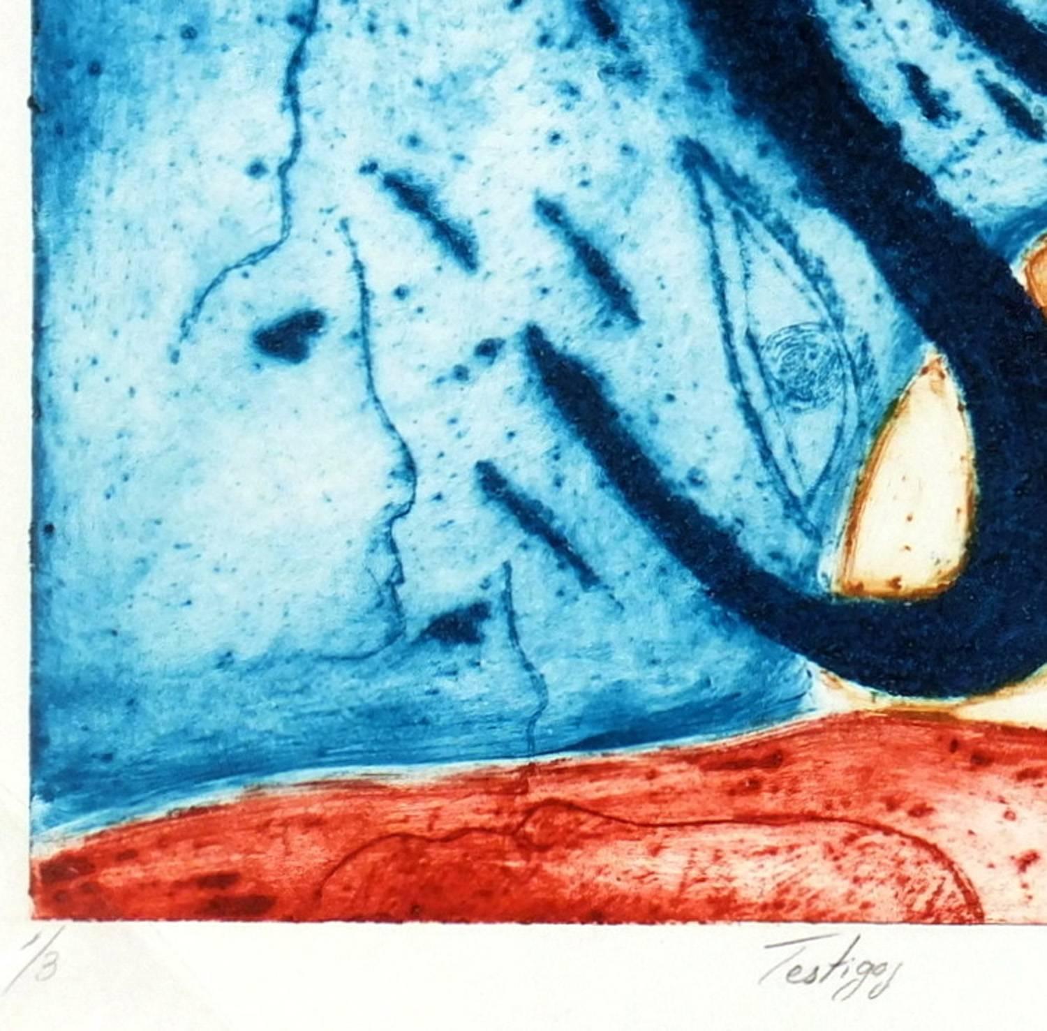 Gravure à l'aquatinte abstraite - Testigos - Bleu Abstract Print par Unknown