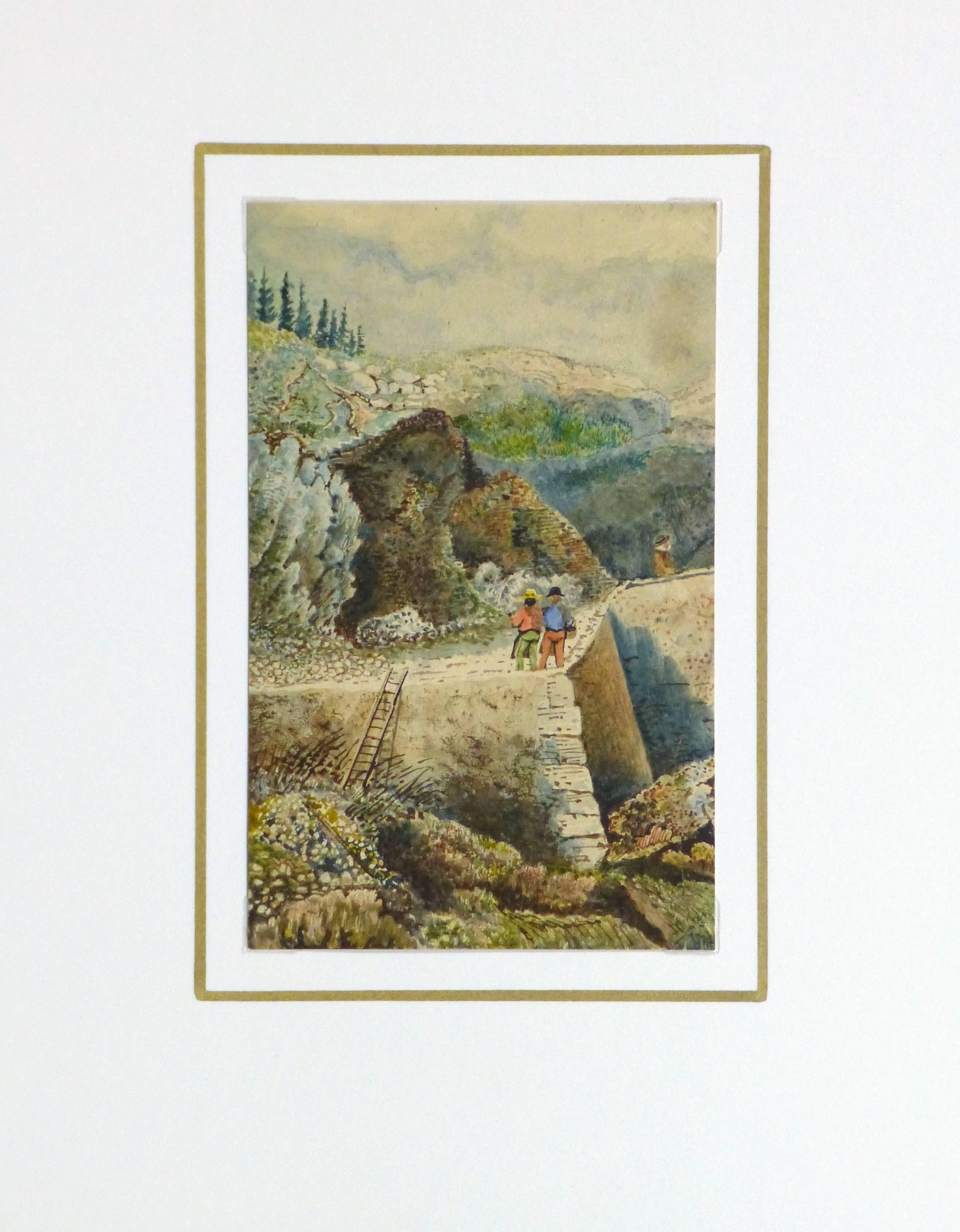 Antique French Watercolor - The Overlook - Brown Landscape Art by Unknown