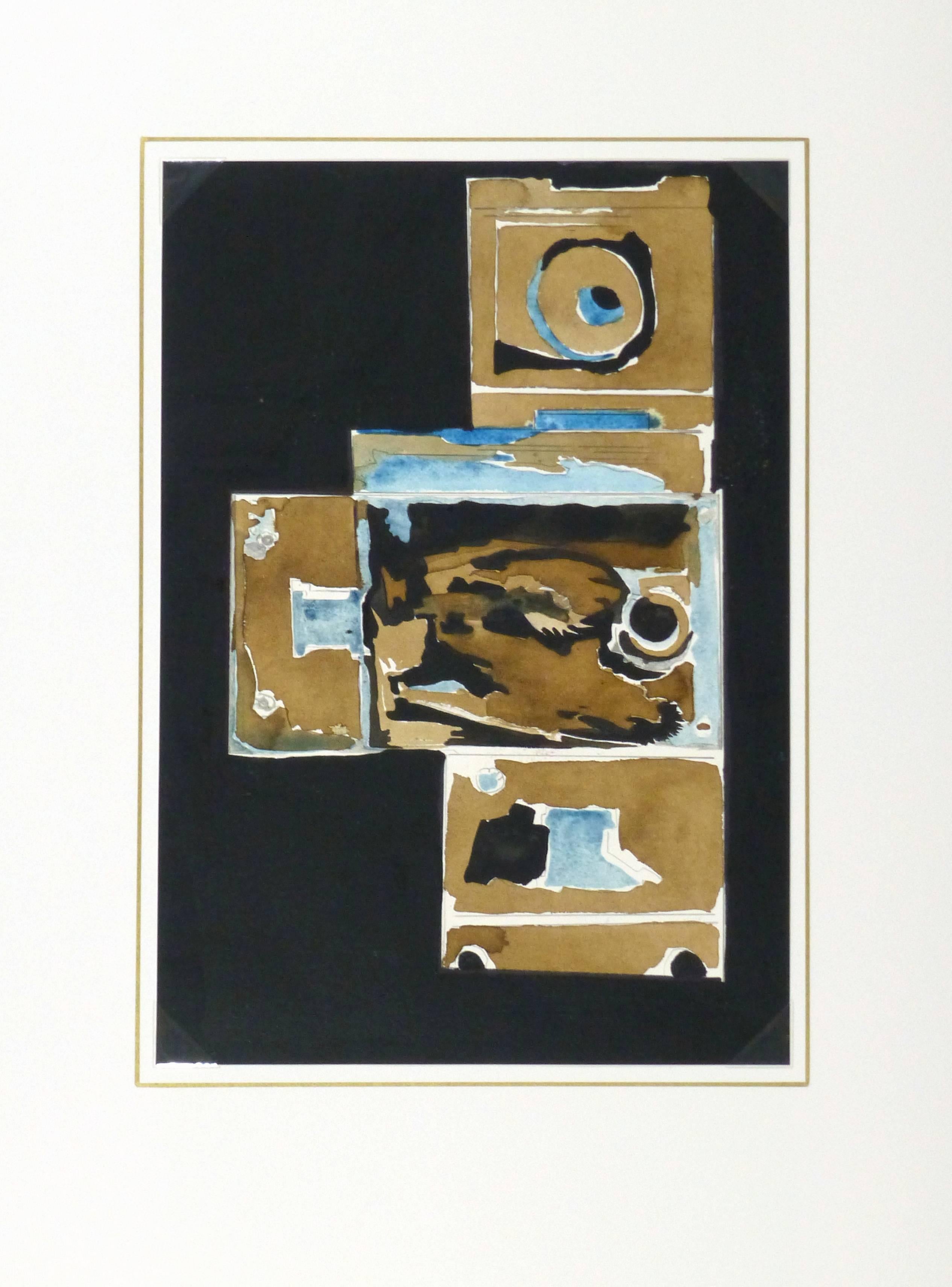 Un'avvincente pittura astratta a inchiostro e acquerello di serrature metalliche su sfondo nero, anni '80.

Opera d'arte originale su carta esposta su un tappetino bianco con bordo dorato. Il tappetino si adatta a una cornice di dimensioni standard.